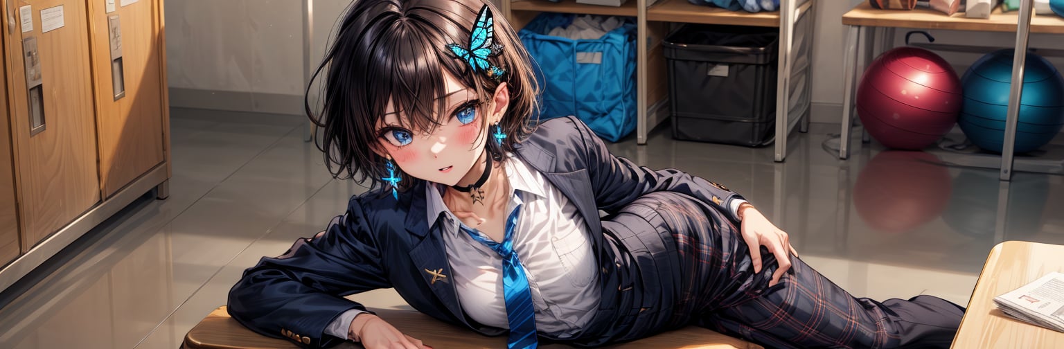 Masterpiece, highest quality, illustration, succubus princess, cute, cute, (close-up:1.2), (((1 girl, solo))), looking at viewer, blushing,blue eyes、shiny black hair, (((very short, boyish))),(Very short hair:1.4), (((boyish beautiful girl))), (sensual gestures:1.3), ((undressing:0.5)),

Her blue jewel-like eyes are so beautiful that you can almost be sucked into them.
Short hair, small braids (bangs are black and brown), hair between black and brown, holy cross hair ornament, shining blue cross hair ornament, blue cross clip, shiny inner hair (brown and blue) two-tone hair)

Accessories include gold and silver jewelry, x hair ornaments, and cross hair clips.
Butterfly earrings, butterfly & jewel choker (earrings & choker), (silk jet black lace choker), feminine black lace choker

Butterfly earrings, butterfly and jewel choker,
(Earrings and Chokers), A choker is a jet black lace choker accessory that resembles silk women's underwear or gold or silver jewelry.

short hair, bangs, blue eyes, brown hair, shirt, hair ornament, long sleeves, hair between the eyes, sitting, school uniform, jacket, white shirt, parted lips, tie, hair clip, collared shirt, pants, indoors, , black Blue jacket, plaid, 
Plaid slacks, chair, check pants, blazer, hair ornament, blue necktie, (((school)))、Hallway, gym, during class, gym storeroom, girls' locker room, school hallway