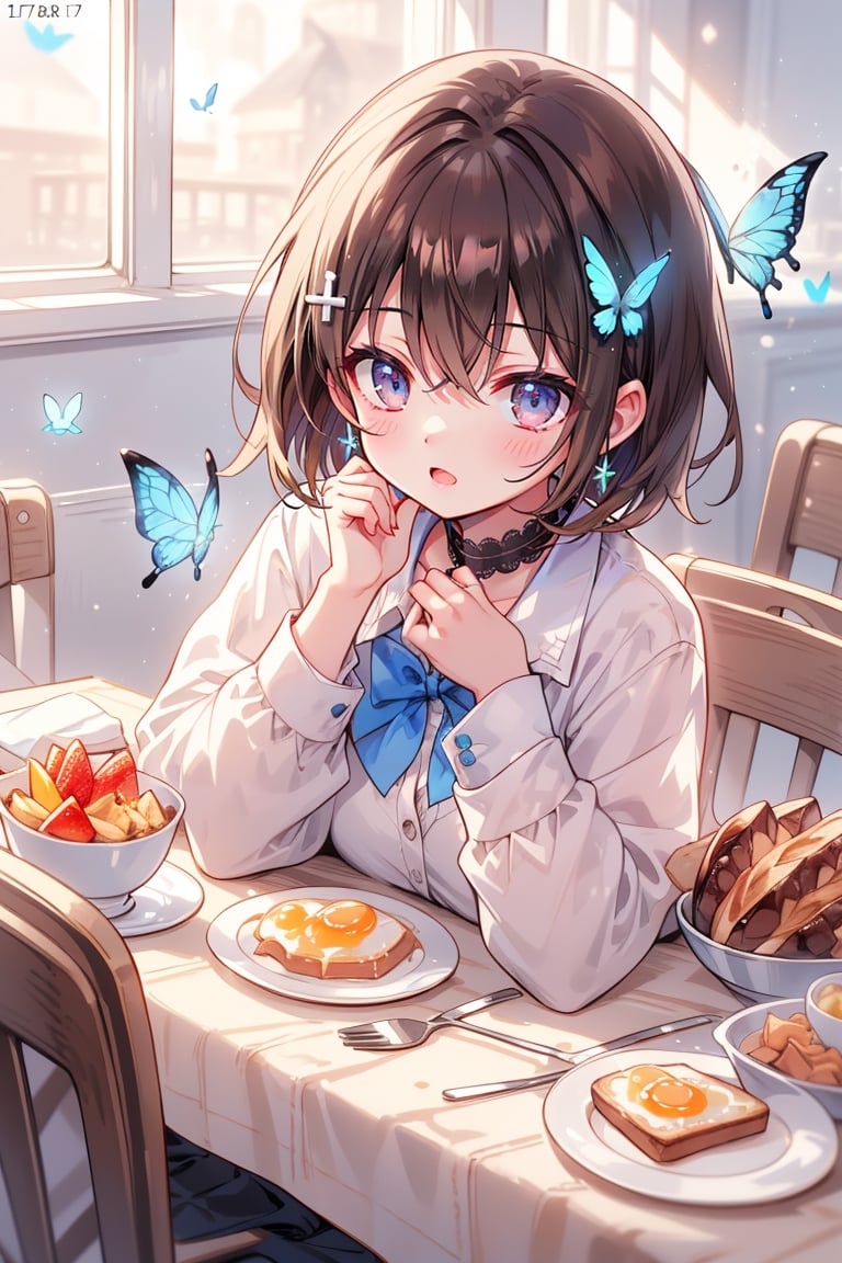 Masterpiece, highest quality, illustration, succubus princess, cute, cute, (portrait: 0.8), (close-up: 0.9), 1 girl, solo, looking at camera, blushing, smiling,
break,
(1 female, solo: 1.4),
break,
(Breakfast, a 17-year-old beautiful girl's dining table, a cute breakfast that looks good in her school uniform: 1.3), (surrounded by flowers), the background is breakfast in a person's living room,

,(closed shirt and thin chest),(boyish beauty is beautiful like a boy),
(Slightly pointed beautiful ears: 0.7),
(Short hair, beautiful shiny black hair, dark brown hair: 1.3), (Two-tone hair with light blue inside: 0.7)

Cross hairpin, (jewel-like blue eyes), blue butterfly hair ornament, beautiful eyes,
Lace choker, wide frills, cross (shiny blue), blue dyed hair, blue butterflies flying around.
,
cross hairpin,
blue eyes,
Magical eyes like blue jewels), blue butterfly hair ornaments, beautiful eyes,
lace choker, wide frill)
A cross (shiny blue) shines on the choker, the cross earrings glow blue and dye her hair, and blue butterflies fly around.
break,
, (blazer uniform, blue tie, beautiful legs in checkered pants), checkered blazer uniform and pure white shirt (closed shirt collar and boy's uniform tie), holy high school girl reminiscent of Sister Nun, beautiful legs, brown leather shoes,
(sensual pose),
break,
(Liar's blush:), (Devil's embarrassed face:), (evil smile), (opens mouth), (closes eyes),
break,

break,
(Vivid colors), (Realistic colors), (Transparent colors), (Shiny colors),