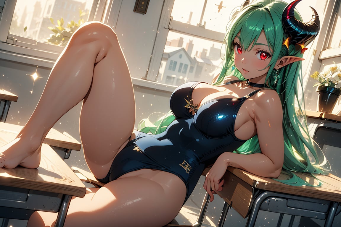 (Old school swimsuit), (Swimsuit logo, White product tag of school swimsuit), Beautiful girl with big breasts wearing school swimsuit sitting on desk in classroom, (Big breasts), Exposing shoulders, Sitting, Collarbone, Swimsuit, Thighs, Indoors, (School swimsuit, School designated swimsuit, Blue one piece swimsuit), Exposing arms, Hiding navel, Chair, Classroom desk, Inside classroom,

Blake, Alluring succubus, Ultra detailed face, (Red eyes: 1.3), (Ruby eyes, Red gemstone eyes),, (Shiny green hair, Shiny green hair, Long hair with green sparkles, Noble wavy green hair),

Blake,
Cross lace choker, Cross necklace, Cross earrings, ((Short pointed ears, Succubus demon ears)),
, Vivid colors, Sharp focus, Best quality, Depth of field, Cinematic lighting, (Illustration, 8k CG, Very detailed), Ultra detailed, High resolution, Firefly, Perfect light, 8k, Very clear, Best quality, High resolution. Top quality, illustration, sax blue, 1 girl, cute, (dynamic lighting: 1.2), cinematic lighting, delicate facial features, detailed eyes, sharp pupils, realistic eyes, depth of field, bokeh, sharp focus, (ultra detail, bloom, sparkle: 1.4), lots of little gems,