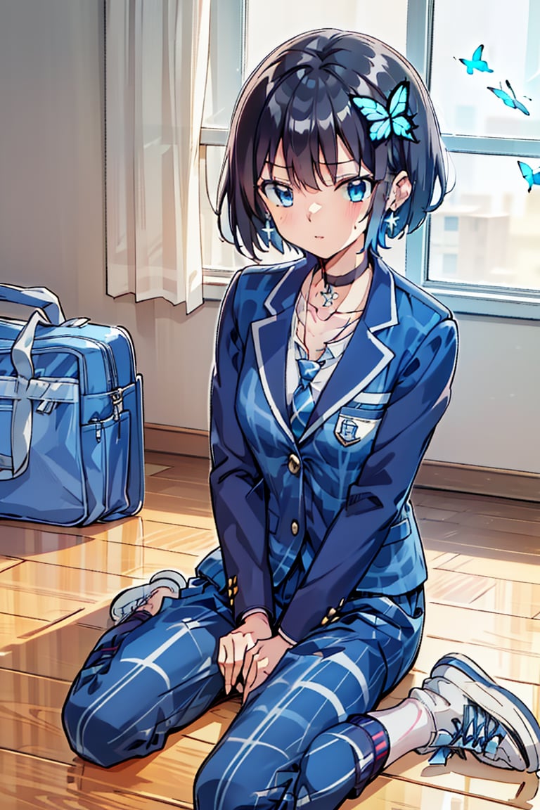 (masterpiece, best quality), high resolution, artistic composition, cute, pretty, ((solo, one girl)), (boyish girl), (very short hair, very short hair), boyish girl, crossdressing girl, lively girl, Blake, (full body), (wearing sneakers), socks, (beautiful blue eyes), jewel-like blue eyes, (shiny black hair), black hair, (hair with color inside), blue hair in the back, two-tone hair, Blake, (school bag), carrier bag, cross lace choker, cross necklace, cross earrings, (short pointed ears, succubus demon ears: 0.5 ) Blake, blue butterfly hair accessory, (cross hairpin), (small pink hair accessory above the ears: 0.4), Blake, dark blue blazer uniform, dark blue high school uniform, light plaid pants, (checked slacks), (checked uniform pants), (blue tie), white dress shirt, collarbone, chest, uniform, (Succubus, Voluptuous Feminine Beauty: 0.4) Blake, (training shoes), boyish sneakers, high school shoes, black no shoes, socks, Blake, checkered pants, stripes, check, blue slacks, navy blue pants, high school blazer, (hands between legs), blue tie, striped tie,, hair accessory, blue butterfly, pink ribbon hair accessory