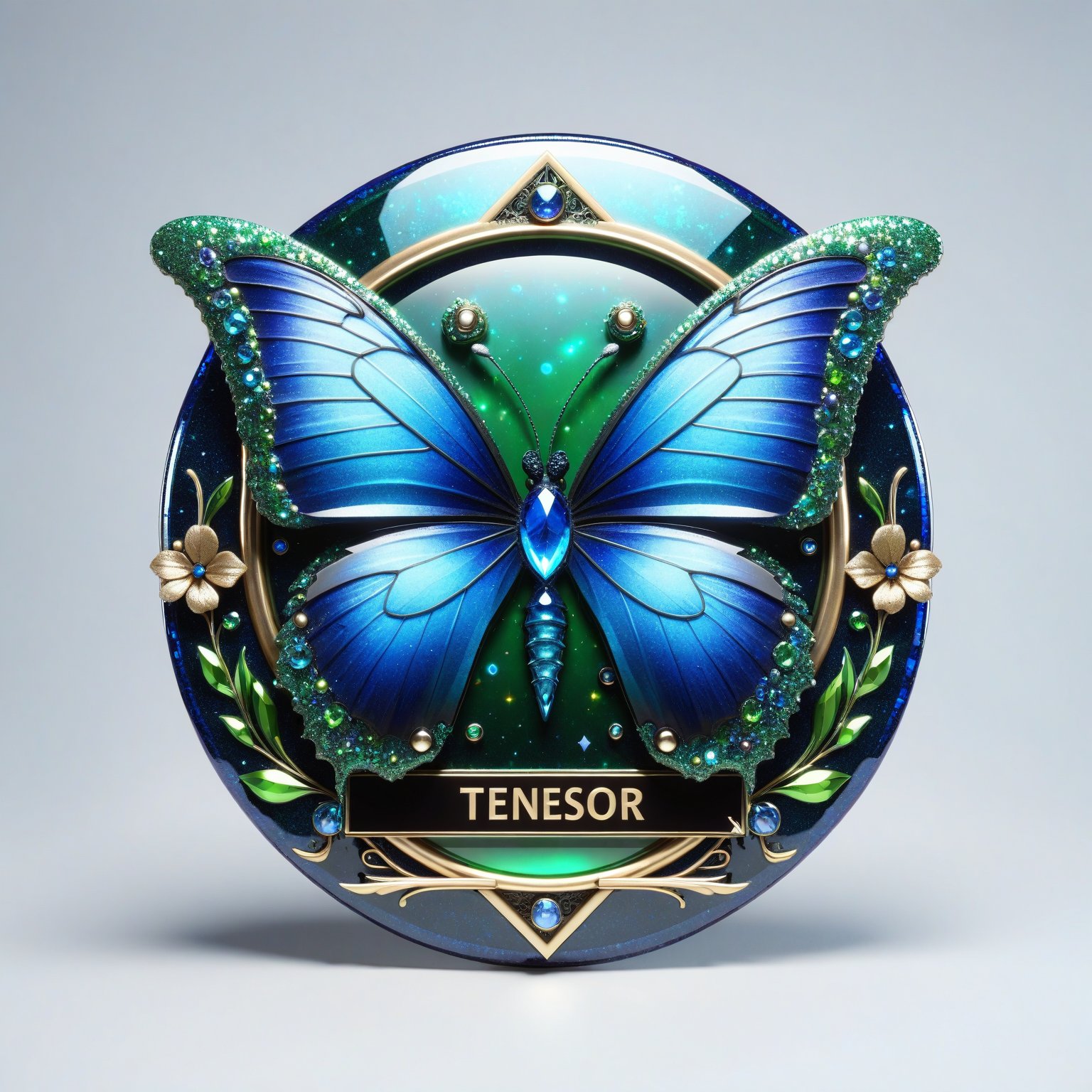 Creates a modern badge made of glass with a blue butterfly. ((text is "1 TENSOR.ART")),high definition, futuristic, aesthetic, beautiful, green hair succubus, sparkly, cyborg style