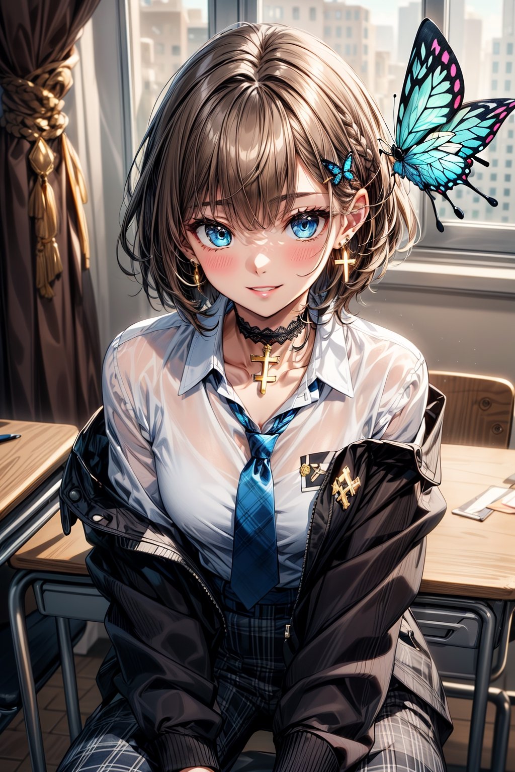 Masterpiece, highest quality, illustration, succubus princess, cute, cute, (portrait: 1.2), (close-up), 1 girl, solo, looking at viewer, blushing, smiling,


Her blue jewel-like eyes are so beautiful that you can almost be sucked into them.
Short hair, small braids (bangs are black and brown), hair between black and brown, holy cross hair ornament, shining blue cross hair ornament, blue cross clip, shiny inner hair (brown and blue) two-tone hair)

Accessories include gold and silver jewelry, x hair ornaments, and cross hair clips.
Butterfly earrings, butterfly & jewel choker (earrings & choker), (silk jet black lace choker), feminine black lace choker

Butterfly earrings, butterfly and jewel choker,
(Earrings and Chokers), A choker is a jet black lace choker accessory that resembles silk women's underwear or gold or silver jewelry.

short hair, bangs, blue eyes, brown hair, shirt, hair ornament, long sleeves, hair between the eyes, sitting, school uniform, jacket, white shirt, parted lips, tie, hair clip, collared shirt, pants, indoors, , medium hair, black jacket, plaid, window,
Plaid slacks, chair, black pants, blazer, hair ornament, blue tie, desk, school desk