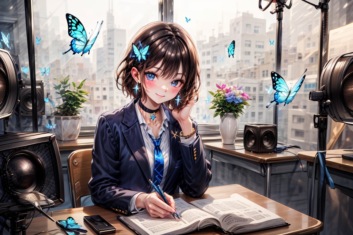 Masterpiece, highest quality, wonderful cute illustration, succubus princess, beautiful, aesthetic and cute, one girl, solo, looking at camera, blushing, half-beautiful girl's smile,
break,
(The background is the school's broadcasting room). Across the glass from the recording studio is the school's cafeteria, where there are several students.

Her jewel-like blue eyes are so beautiful that you can almost be drawn into them.
Short hair, small braids (bangs are black and brown), hair between black and brown, holy cross hair ornament, shining blue cross hair ornament, blue cross clip, shiny inner hair (brown and blue) )'s two-tone hair)
break,
Accessories include gold and silver jewelry, x hair ornaments, and cross hair clips.
Butterfly earrings, butterfly & jewel choker (earrings & choker), (silk jet black lace choker), feminine black lace choker
break,
Butterfly earrings, butterfly and jewel choker,
(Earrings/Choker) A choker is a jet black lace choker accessory that is reminiscent of silk women's underwear or gold and silver jewelry.
break,
(Decorating a beautiful girl in pants with flowers:1), sitting, taking notes, (researching on a smartphone),(smartphone:1)
Dark blue blazer school uniform, jacket, white shirt, upper body, tie, choker, sun, hair clip, collared shirt, indoors, bracelet, two-tone hair, open jacket, black jacket, book, window, black choker, chair, ring , blazer, butterfly, desk, blue tie, colored inner fur, pen, classroom, blue butterfly