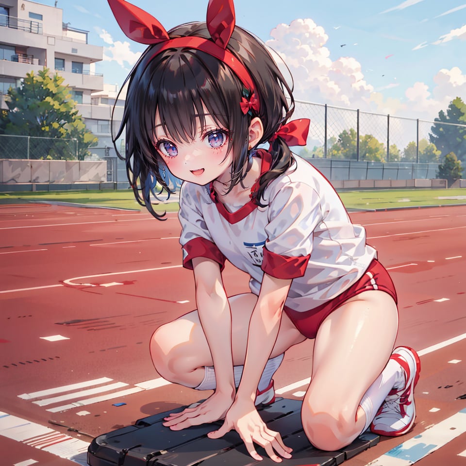 1girl,black hair,lower pony tail,red head band,angry ,gym_uniform,white shirts  short sleeve over size,length over,red buruma,white loose socks,sneaker,red buruma,BURUMA,outdoor,track field,GYM UNIFORM,socks,gr buruma,BRS0