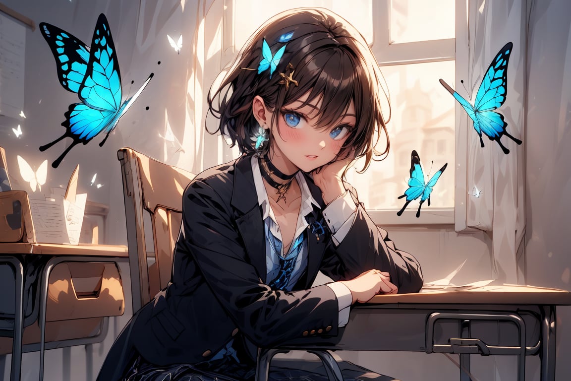 Masterpiece, highest quality, illustration, succubus princess, cute, cute, (portrait: 1), (close-up:1), 1 girl, solo, looking at viewer, blushing, smiling,


Her blue jewel-like eyes are so beautiful that you can almost be sucked into them.
Short hair, small braids (bangs are black and brown), hair between black and brown, holy cross hair ornament, shining blue cross hair ornament, blue cross clip, shiny inner hair (brown and blue) two-tone hair)

Accessories include gold and silver jewelry, x hair ornaments, and cross hair clips.
Butterfly earrings, butterfly & jewel choker (earrings & choker), (silk jet black lace choker), feminine black lace choker

Butterfly earrings, butterfly and jewel choker,
(Earrings and Chokers), A choker is a jet black lace choker accessory that resembles silk women's underwear or gold or silver jewelry.

short hair, bangs, blue eyes, brown hair, shirt, hair ornament, long sleeves, hair between the eyes, sitting, school uniform, jacket, white shirt, parted lips, tie, hair clip, collared shirt, pants, indoors, , medium hair, black jacket, plaid, window,
Plaid slacks, chair, black pants, blazer, hair ornament, blue tie, desk, school desk