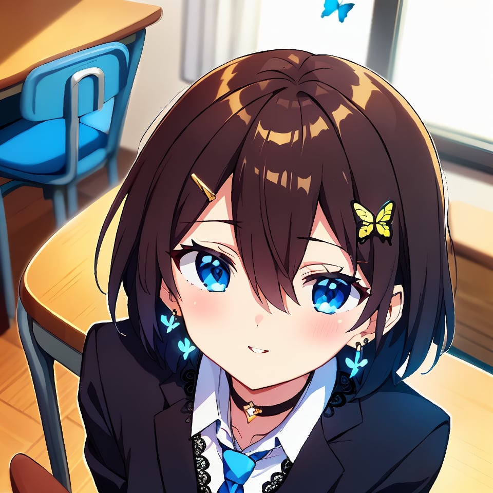 Masterpiece, highest quality, illustration, succubus princess, cute, cute, (portrait: 1), (close-up:1), 1 girl, solo, looking at viewer, blushing, smiling,


Her blue jewel-like eyes are so beautiful that you can almost be sucked into them.
Short hair, small braids (bangs are black and brown), hair between black and brown, holy cross hair ornament, shining blue cross hair ornament, blue cross clip, shiny inner hair (brown and blue) two-tone hair)

Accessories include gold and silver jewelry, x hair ornaments, and cross hair clips.
Butterfly earrings, butterfly & jewel choker (earrings & choker), (silk jet black lace choker), feminine black lace choker

Butterfly earrings, butterfly and jewel choker,
(Earrings and Chokers), A choker is a jet black lace choker accessory that resembles silk women's underwear or gold or silver jewelry.

short hair, bangs, blue eyes, brown hair, shirt, hair ornament, long sleeves, hair between the eyes, sitting, school uniform, jacket, white shirt, parted lips, tie, hair clip, collared shirt, pants, indoors, , medium hair, black jacket, plaid, window,
Plaid slacks, chair, black pants, blazer, hair ornament, blue tie, desk, school desk