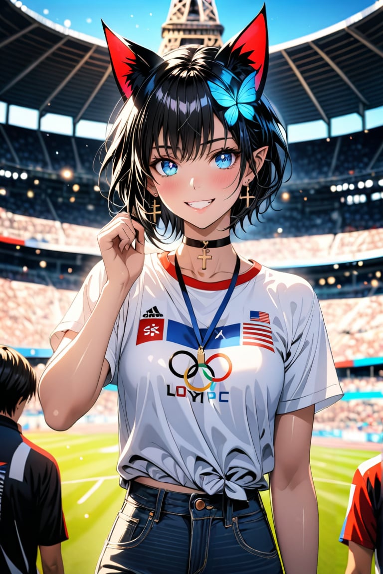 On a beautiful sunny day at the foot of the Eiffel Tower, a beautiful boyish girl is smiling happily as she cheers on her national team at the Olympics. (The girl in the beautiful blue jeans) is wearing a white T-shirt with the five Olympic rings and jeans, and is holding a French flag in one hand.

Blake, Boyish Girl, (Shiny Black Hair, Very Short Hair), Boyish Girl, Lively Girl, , Cross Lace Choker, Cross Necklace, Cross Earrings, ((Short Pointy Ears, Succubus Demon Ears: 0.7), Blake, Blue Butterfly Hair Accessory, Breakout, Bright Colors, Sharp Focus, Best Quality, Depth of Field, Cinematic Lighting, (Illustration, 8k CG, Very Detailed), Ultra Detailed, High Resolution, Firefly, Perfect Light, 8k, Very Clear, Best Quality, High Resolution. Best Quality, Illustration, Sax Blue, Single Woman, Cute, (Dynamic Lighting: 1.2), Cinematic Lighting, Delicate Face, Narrow Eyes, Sharp Pupils, Realistic Pupils, Depth of Field, Bokeh, Sharp Focus, (Ultra Detailed, Bloom, Brightness: 1.4), Lots of Small Gems, Blake, Cheers, Official Scorer, Faraway Spectator Stand, Stadium, Olympic Venue,