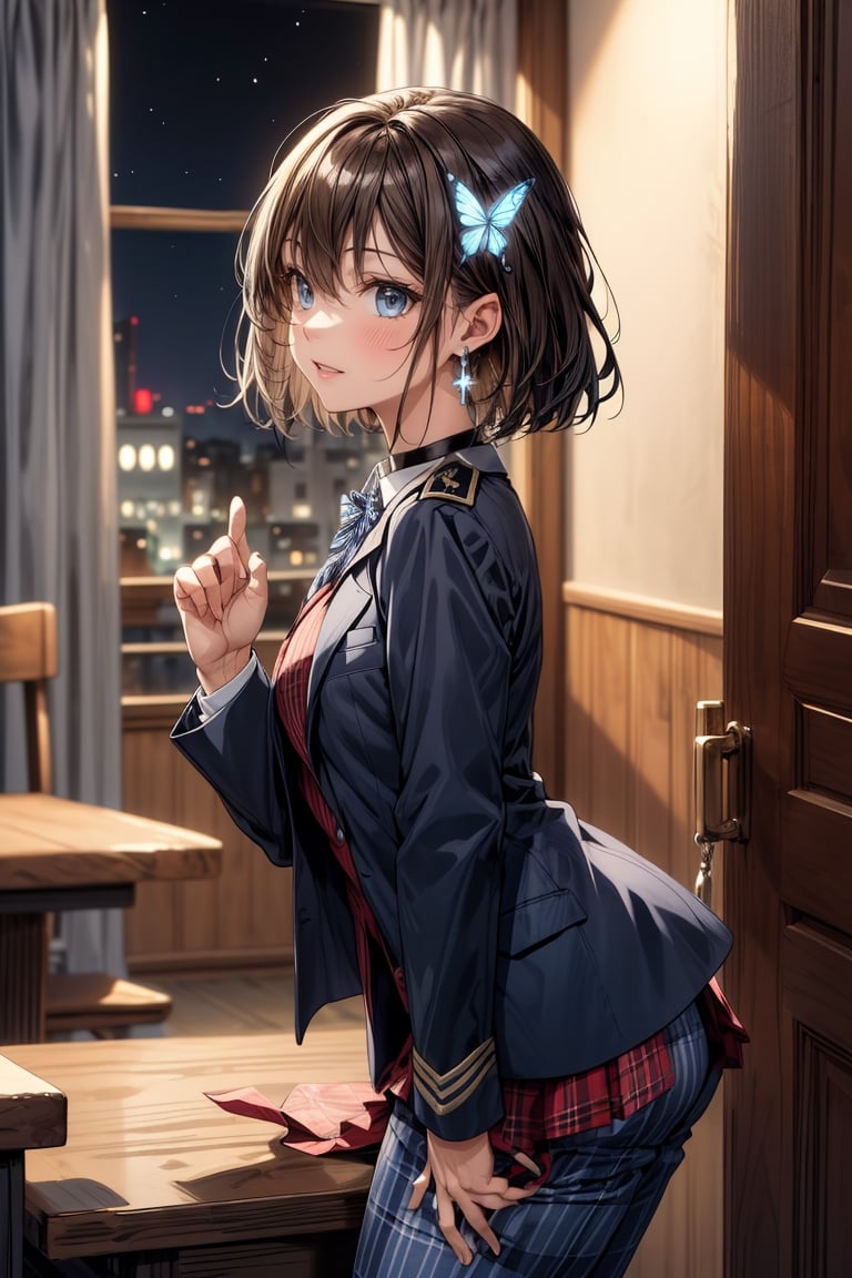 Masterpiece, Best Quality, 2020 Anime, Succubus Queen, (Portrait: 0.7), (Close-up: 0.7),
(1 female, solo), smile, short hair, bangs, jewel blue eyes, hair ornament, long sleeves, hair between the eyes, school uniform, jacket, white shirt, (light brown black hair) cross earrings blue or shiny , open clothes, lace choker with cross, stripes, collared shirt, pants, (dark blue uniform with open jacket), dress shirt, checked pants, slightly shiny hair waves, uniform blazer, fluttering butterfly, blue tie, cross Hairpin, butterfly hair ornament, hidden shirt, striped blue tie, blue butterfly, (plaid uniform pants), (night), background Dining room at night,
break,
(Cute sitting model pose), (hand between legs: 1.2), (leaning forward: 1), (cowboy shot: 1.4), (from the front), (from diagonally in front: 1.3), staring) Observer: 1.4), (upward gaze: 1.2),
break,
(Underwear: 1.3), (Black stockings: 1.2), High heels,
break,
(Standing: 1.3), dynamic pose,
break,
(blush: 1.2), (smile: 1.3),
break,
(Whole body: 0.4), (From the side: 1.2), (Profile: 0.6), (From the front: 1.4),
break,
(Closet room with lots of clothes: 1.4),
break,
dynamic angle,
break,
(Pale and vivid colors: 0.6), (Real: 0.6), (Ultra wide-angle shooting: 0.6), (White background: 0.6)