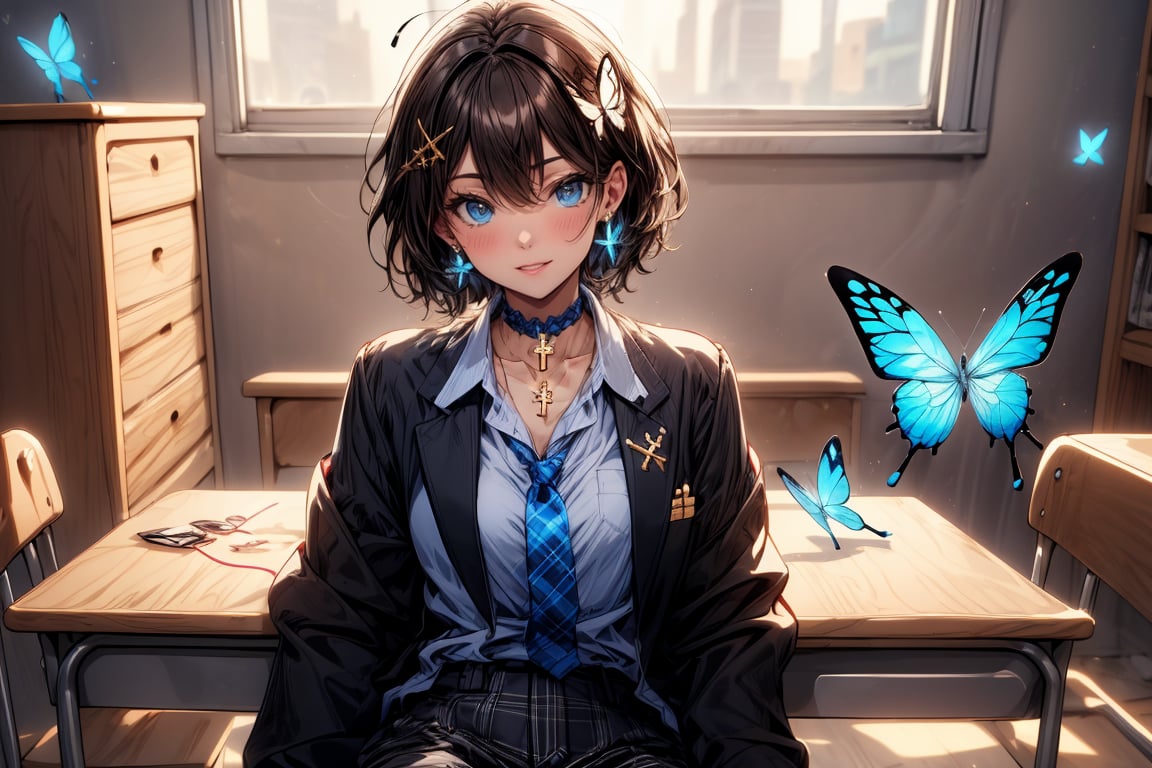 Masterpiece, highest quality, illustration, succubus princess, cute, cute, (portrait: 1), (close-up:1), 1 girl, solo, looking at viewer, blushing, smiling,


Her blue jewel-like eyes are so beautiful that you can almost be sucked into them.
Short hair, small braids (bangs are black and brown), hair between black and brown, holy cross hair ornament, shining blue cross hair ornament, blue cross clip, shiny inner hair (brown and blue) two-tone hair)

Accessories include gold and silver jewelry, x hair ornaments, and cross hair clips.
Butterfly earrings, butterfly & jewel choker (earrings & choker), (silk jet black lace choker), feminine black lace choker

Butterfly earrings, butterfly and jewel choker,
(Earrings and Chokers), A choker is a jet black lace choker accessory that resembles silk women's underwear or gold or silver jewelry.

short hair, bangs, blue eyes, brown hair, shirt, hair ornament, long sleeves, hair between the eyes, sitting, school uniform, jacket, white shirt, parted lips, tie, hair clip, collared shirt, pants, indoors, , medium hair, black jacket, plaid, window,
Plaid slacks, chair, black pants, blazer, hair ornament, blue tie, desk, school desk