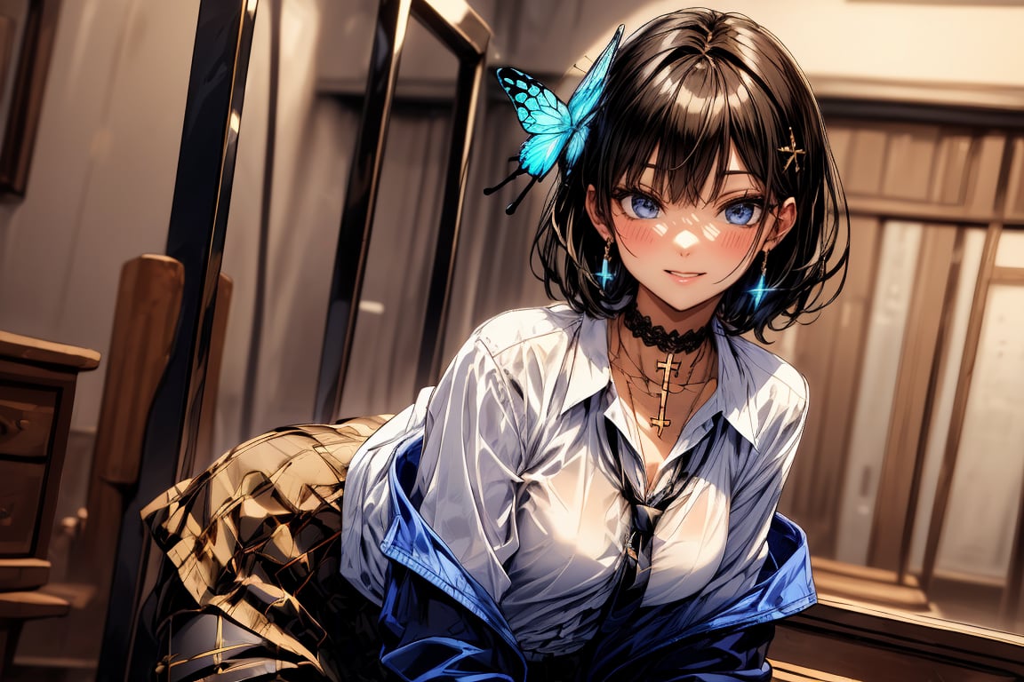 Masterpiece, highest quality, illustration, succubus princess, cute, cute, (portrait:0.7), (close-up:0.7), 1 girl, solo, looking at viewer, blushing, succubus smiling,


Her blue jewel-like eyes are so beautiful that you can almost be sucked into them.
Short hair, small braids (bangs are black and brown), hair between black and brown, holy cross hair ornament, shining blue cross hair ornament, blue cross clip, shiny inner hair (brown and blue) two-tone hair)

Accessories include gold and silver jewelry, x hair ornaments, and cross hair clips.
Butterfly earrings, butterfly & jewel choker (earrings & choker), (silk jet black lace choker), feminine black lace choker

Butterfly earrings, butterfly and jewel choker,
(Earrings and Chokers), A choker is a jet black lace choker accessory that resembles silk women's underwear or gold or silver jewelry.

short hair, bangs, blue eyes, brown hair, shirt, hair ornament, long sleeves, hair between the eyes, sitting, school uniform, jacket, white shirt, parted lips, tie, hair clip, collared shirt, pants, indoors, , medium hair, black jacket, plaid, Changing clothes, changing clothes, gym class, taking off, taking off clothes, (sensual pose)