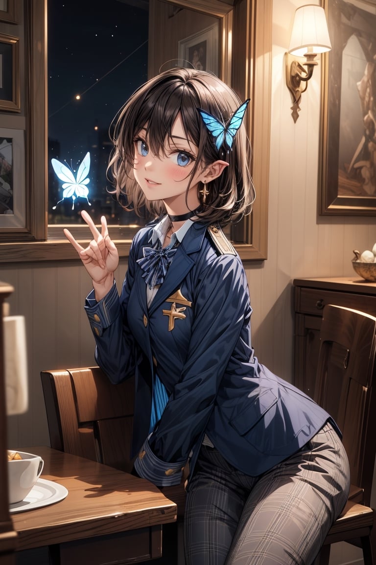 Masterpiece, Best Quality, 2020 Anime, Succubus Queen, (Portrait: 0.7), (Close-up: 0.7),
smile, short hair, bangs, jewel blue eyes, hair ornament, long sleeves, hair between the eyes, school uniform, jacket, white shirt, (light brown black hair) cross earrings blue or shiny , open clothes, lace choker with cross, stripes, collared shirt, pants, (dark blue uniform with open jacket), dress shirt, checked pants, slightly shiny hair waves, uniform blazer, fluttering butterfly, blue tie, cross Hairpin, butterfly hair ornament, hidden shirt, striped blue tie, blue butterfly, (plaid uniform pants), (night), background Dining room at night,
break,
(Cute sitting model pose), (hand between legs: 1.2), (leaning forward: 1), (cowboy shot: 1.4), (from the front), (from diagonally in front: 1.3), staring) Observer: 1.4), (upward gaze: 1.2),
break,
(Underwear: 1.3), (Black stockings: 1.2), High heels,
break,
(Standing: 1.3), dynamic pose,
break,
(blush: 1.2), (smile: 1.3),
break,
(Whole body: 0.4), (From the side: 1.2), (Profile: 0.6), (From the front: 1.4),
break,
(Closet room with lots of clothes: 1.4),
break,
dynamic angle,
break,
(Pale and vivid colors: 0.6), (Real: 0.6), (Ultra wide-angle shooting: 0.6), (White background: 0.6)