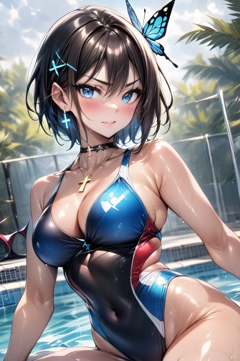 Soot//Quality, Masterpiece: 1.4, Details: 1.4, Best Quality: 1.4, //, 1 girl, Solo, //, Blue eyes, Detailed eyes, Shiny skin, //, Hair ornament, Adornment, (White swimsuit), Competitive swimsuit, Navel covered, Wet, Wet legs, //, Serious, Blushing, Looking down, Looking at viewer, Mouth closed, //, Legs crossed, Sitting by pool, //, Pool, From below, Competitive swimsuit, Colorful art, 1 girl in vibrant colors, Looking at viewer, Multiple girls, Hat, Cleavage, Voluptuous female body, Sensual gesture, Jewelry, One piece swimsuit, Pattern on lower abdomen of high-cut swimsuit, (Mark of demonic desire engraved on lower abdomen, 1.3 red tattoo on abdomen above), (covered navel), (high leg), high leg marking,, (competitive swimsuit),
Blake,
(boyish girl)
(very short hair, very short hair), boyish girl, crossdressing girl, active girl,
cute boy with feminine face, beautiful boy, Blake,
(beautiful blue eyes), jewel-like blue eyes,
(shiny black hair), black hair, (inner hair color), blue at the back of hair, two-tone hair,
Blake,
cross lace choker, cross necklace, cross earrings,
((short pointed ears, succubus demon ears: 1))
Blake, blue butterfly hair accessory, (cross hairpin), ((small pink hair accessory around ears: 0.4)), succubus beautiful girl, beautiful buttocks, beautiful swimsuit front