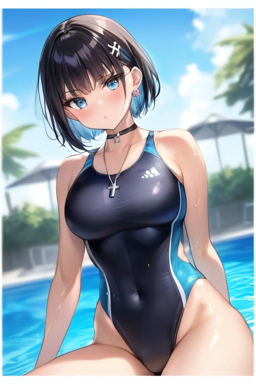 //Quality,masterpiece:1.4,details:1.4,best quality:1.4,//,1 girl,solo,//,blue eyes,detailed eyes,shiny skin,//,hair accessory,ornaments,(white swimsuit),competitive swimsuit,navel covered,wet,wet legs,//,serious,blushing,looking down,looking at viewer,mouth closed,//,legs crossed,sitting by pool,//,pool,from below,competitive swimsuit,colorful art,1 girl with bright colors,looking at viewer,multiple girls,hat,cleavage,voluptuous female body,sensual gesture,jewelry,one piece swimsuit,pattern on lower abdomen of high leg swimsuit,(mark of demonic desire engraved on lower abdomen,1.3 red tattoo on abdomen above), (covered navel), (high leg), high leg marking,, (competitive swimsuit),
Blake,
(boyish girl)
(very short hair, very short hair), boyish girl, crossdressing girl, active girl,
cute boy with feminine face, beautiful boy,
Blake,
(beautiful blue eyes), jewel-like blue eyes,
(shiny black hair), black hair, (inner hair color), blue at the back of the hair, two-tone hair,
Blake,
cross lace choker, cross necklace, cross earrings,
(short pointed ears, succubus demon ears: 0.5)
Blake, blue butterfly hair accessory, (cross hairpin), (small pink hair accessory around ears: 0.4),