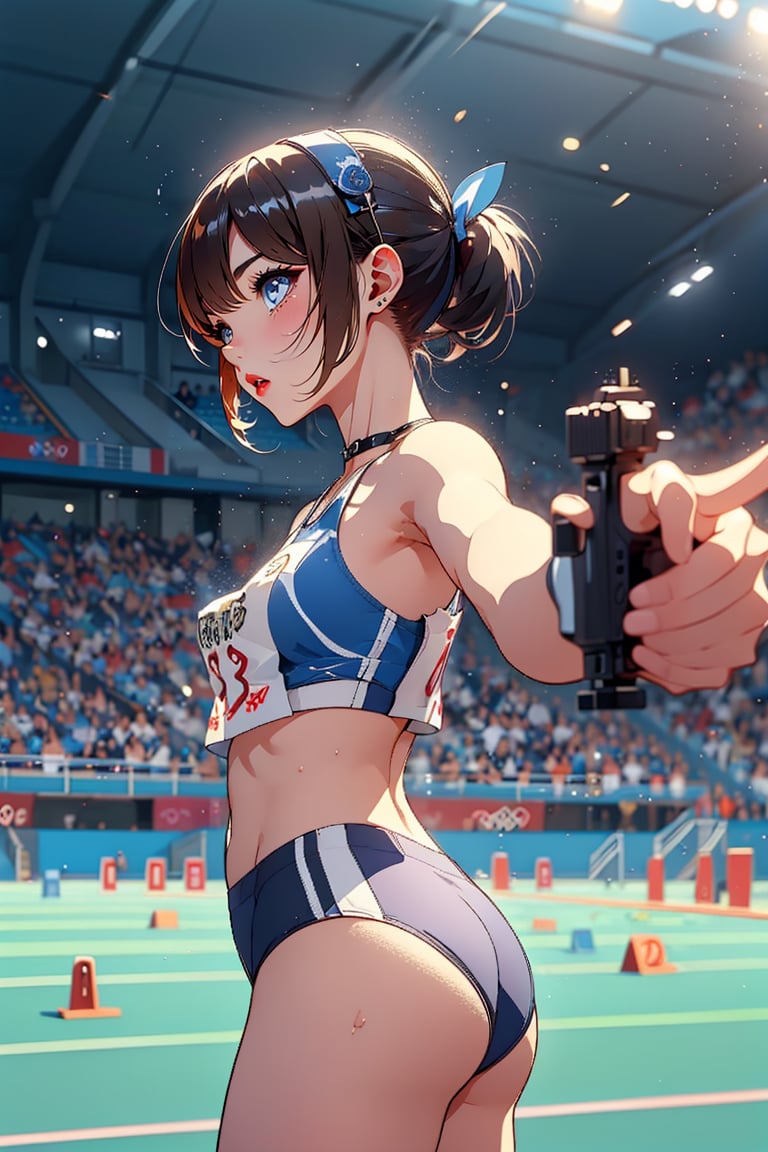 3/4 view from the front, one arm extended holding one pistol, other hand on hip), ((pistol)), ((shooting range)), (holding an air pistol), outstretched arms, ((aiming at the viewer and target)), Olympic shooting venue, shadow, standing, (wet), tight clothing, Olympic stadium, stage, boyish girl,
Blake, (lower abdomen mark, red glowing mark, belly tattoo, pubic hair tattoo:1.2), open mouth, anime beauty, (very short hair, very short hair), boyish looking girl, active girl,, cross lace choker, cross necklace, cross earrings, ((short pointed ears, succubus demon ears:1)), resting, blue butterfly hair accessory,
Blake,
vibrant colors, sharp focus, best quality, depth of field, cinematic lighting, (illustration, 8k CG,Very detailed),Ultra detailed,High resolution,Fireflies,Perfect light,8k,Very clear,Best quality,High resolution. Best quality,Illustration,Saxe blue,1 girl,Cute,(Dynamic lighting:1.2),Cinematic lighting,Delicate facial features,Detailed eyes,Sharp pupils,Realistic pupils,Depth of field,Bokeh,Sharp focus,(Ultra detailed,Bloom,Glow:1.4),Lots of little gems,Cheering,Official scorer,Crowd in distant stands,Stadium,Olympic venue,Sports shorts,Athlete's uniform