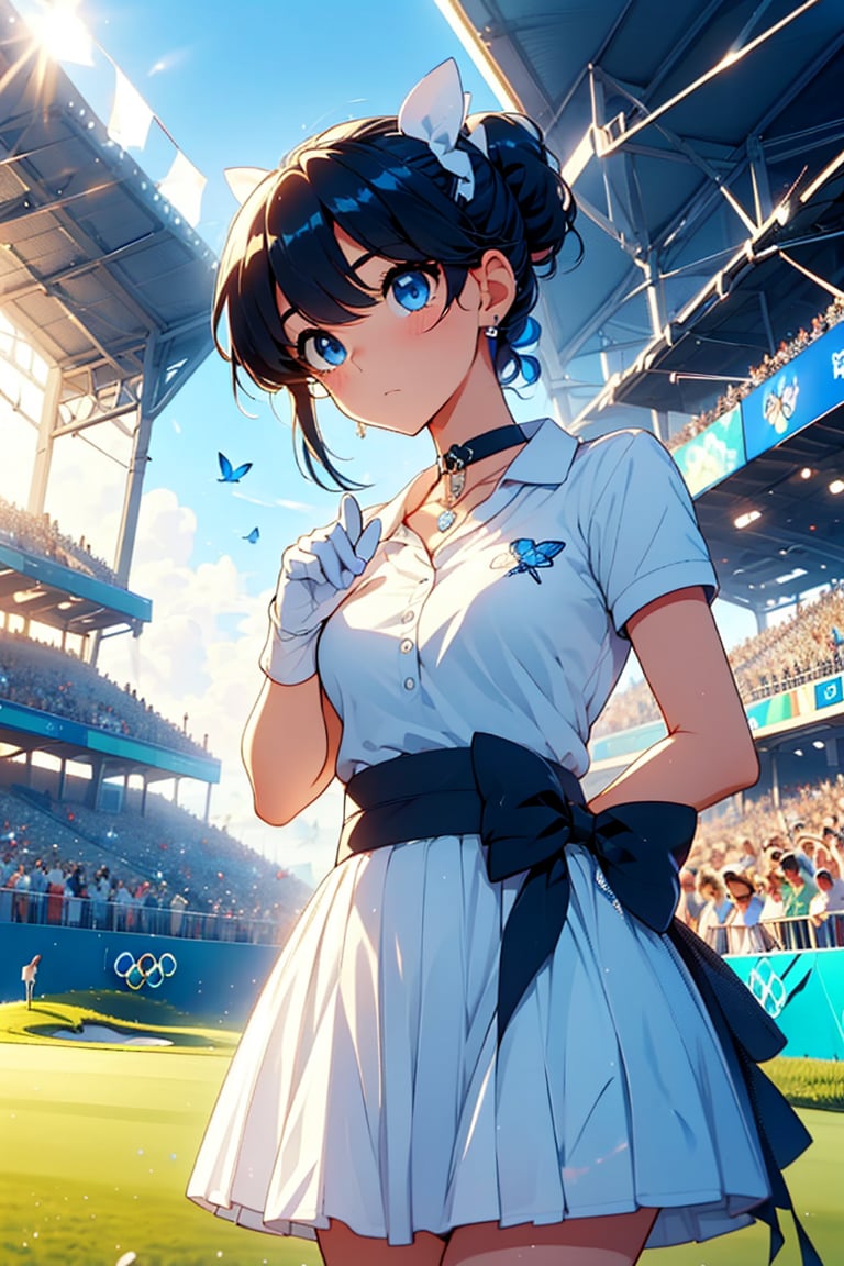 (playing golf), ((holding golf clubs), ((golf course)),, (((olympics))),, visor cap, ,(((long skirt))),butt,shaking hair,big breasts,open mouth,shy,blushing,grimacing,flare,,scoreboard,outdoors,Blake,boyish girl,(shiny black hair,very short hair),boyish girl,lively girl, ,cross lace choker,cross necklace,cross earrings,((short pointed ears,succubus demon ears:0.7),Blake,blue butterfly hair accessory,Blake,bright colors,sharp focus,best quality,depth of field,cinematic lighting,(illustrated,8k CG,very detailed),ultra detailed,high resolution,firefly,perfect light,8k,very clear,best quality,high resolution.best quality,illustrated,saxe blue, Single woman, Cute, (Dynamic Lighting: 1.2), Cinematic Lighting, Delicate facial features, Narrow eyes, Sharp pupils, Realistic pupils, Depth of field, Bokeh, Sharp focus, (Super detailed, Bloom, Brightness: 1.4), Lots of little gems, Intermission, Cheers, Official scorer, Spectators in far stands, Stadium, Olympic venue,