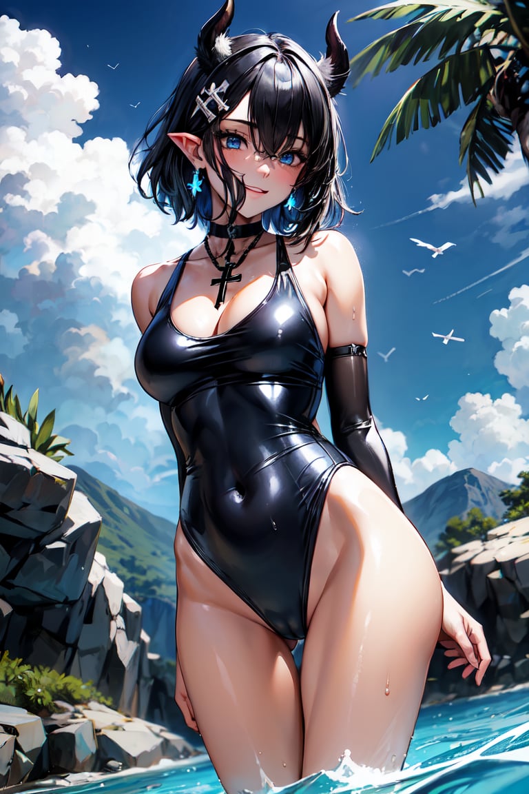 One girl, solo, long hair, breasts, looking at viewer, blushing, smiling, bangs, blue eyes, competitive swimsuit, thighs, outdoors, sky, daytime, clouds, water, stomach, blue sky, exposed arms, beach, X-shaped hair accessory, multiple girls, cleavage, voluptuous female body, jewelry, one-piece swimsuit, pattern on lower abdomen of high-cut swimsuit, (mark of demonic desire engraved on lower abdomen, 1.3 on upper abdomen red tattoo), (covered navel), (high leg), high leg mark, (competitive swimsuit),
Blake, boyish girl,
(very short hair, very short hair), boyish girl, crossdressing girl, active girl,
cute boy with feminine face, beautiful boy, Blake, (beautiful blue eyes), jewel-like blue eyes,
(shiny black hair), black hair, (inner hair color), blue at the back of the hair, two-tone hair,
Blake,
cross lace choker, cross necklace, cross earrings,
((short pointed ears, succubus demon ears: 1))
Blake, blue butterfly hair accessory, (cross hairpin), ((small pink hair accessory around the ears: 0.4)), succubus beautiful girl, sensual gestures