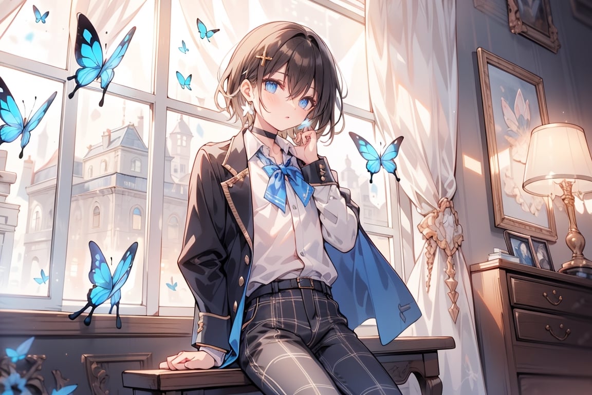 Masterpiece, Best Quality, 2020 Anime, Succubus Queen, 
(1 female, solo), smile, short hair, bangs, jewel blue eyes, hair ornament, long sleeves, hair between the eyes, school uniform, jacket, white shirt, (light brown black hair) cross earrings blue or shiny , open clothes, lace choker with cross, stripes, collared shirt, pants, (dark blue uniform with open jacket), dress shirt, checked pants, slightly shiny hair waves, uniform blazer, fluttering butterfly, blue tie, cross Hairpin, butterfly hair ornament, hidden shirt, striped blue tie, blue butterfly, (plaid uniform pants), (night), background Dining room at night,
break,
(Cute sitting model pose), (hand between legs: 1.2), (leaning forward: 1), (cowboy shot: 1.4), (from the front), (from diagonally in front: 1.3), staring) Observer: 1.4), (upward gaze: 1.2),
break,
(Underwear: 1.3), (Black stockings: 1.2), High heels,
break,
(Standing: 1.3), dynamic pose,
break,
(blush: 1.2), (smile: 1.3),
break,
(Whole body: 0.4), (From the side: 1.2), (Profile: 0.6), (From the front: 1.4),
break,
(Closet room with lots of clothes: 1.4),
break,
dynamic angle,
break,
(Pale and vivid colors: 0.6), (Real: 0.6), (Ultra wide-angle shooting: 0.6), (White background: 0.6),virgin destroyer sweater