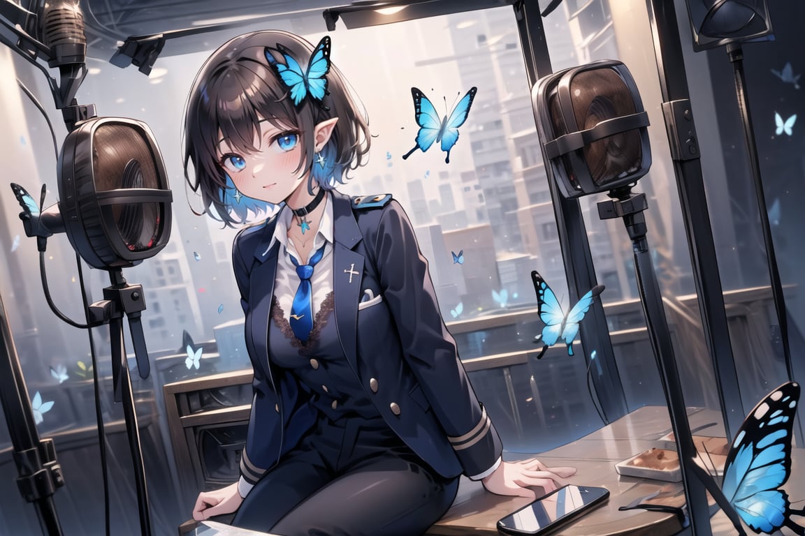 Masterpiece, highest quality, lovely and cute illustration, succubus princess, beautiful, aesthetic and cute, only daughter, solo, looking at the camera, blushing, smiling half-beautiful woman,
Break,
(The background is the school's broadcasting room. Behind the glass of the recording studio is the school cafeteria, where several students are:1), a large microphone for radio recording, a girl is broadcasting on the school's campus,

Her jewel-like blue eyes are so beautiful that they seem to draw you in.
Short hair, (black and brown bangs), black and brown medium hair, holy cross hair ornament, shiny blue cross hair ornament, blue cross clip, two-tone hair with shiny inner hair (brown and blue),
Break,
Accessories include gold and silver jewelry, x hair ornament, and cross hair clip.
Butterfly earrings, butterfly and jeweled choker, (silk jet black lace choker), feminine black lace choker
break,
(beautiful girl in trousers, uniform slacks decorated with flowers: 1), sit, take notes, (check on smartphone), (smartphone: 1)
navy blue blazer uniform jacket, white shirt and tie, collared shirt, open jacket, blue butterfly