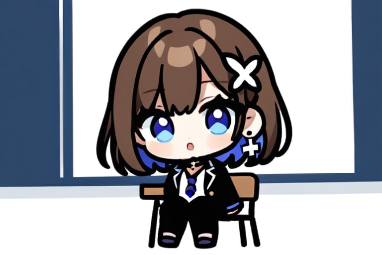 Top quality, (2 heads: 1.2), (White background: 1), (Full body standing: 1), (Animated chibi character: 1.1), (Full body from 2 heads feet: 1)

(1 female, Solo: 1.4),

braids (bangs are black and brown), hair between black and brown, holy cross hair ornament, shining blue cross hair ornament, blue cross clip, shiny inner hair (brown and blue) two-tone hair)

Accessories include gold and silver jewelry, x hair ornaments, and cross hair clips.
Butterfly earrings, butterfly & jewel choker (earrings & choker), (silk jet black lace choker), feminine black lace choker

Butterfly earrings, butterfly and jewel choker,
(Earrings and Chokers), A choker is a jet black lace choker accessory that resembles silk women's underwear or gold or silver jewelry.

short hair, bangs, blue eyes, brown hair, shirt, hair ornament, long sleeves, hair between the eyes, sitting, school uniform, jacket, white shirt, parted lips, tie, hair clip, collared shirt, pants, indoors, , medium hair, black jacket, plaid, window,
Plaid slacks, chair, black pants, blazer, hair ornament, blue tie, desk, school desk