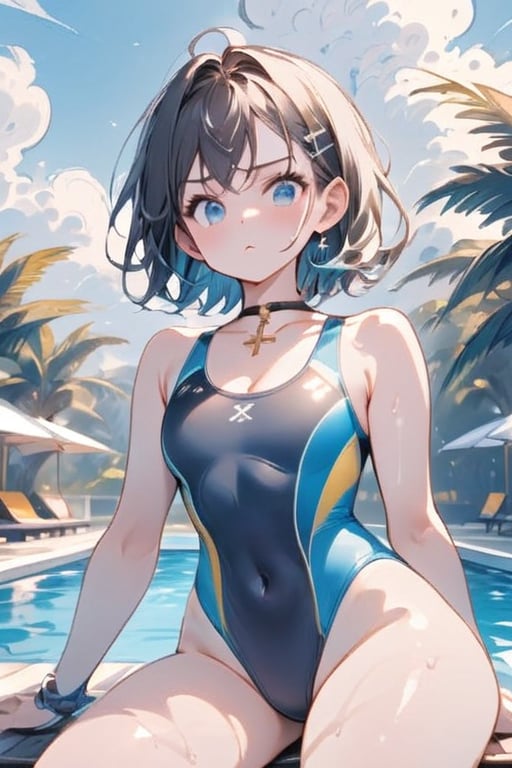 //Quality,masterpiece:1.4,details:1.4,best quality:1.4,//,1 girl,solo,//,blue eyes,detailed eyes,shiny skin,//,hair accessory,ornaments,(white swimsuit),competitive swimsuit,navel covered,wet,wet legs,//,serious,blushing,looking down,looking at viewer,mouth closed,//,legs crossed,sitting by pool,//,pool,from below,competitive swimsuit,colorful art,1 girl with bright colors,looking at viewer,multiple girls,hat,cleavage,voluptuous female body,sensual gesture,jewelry,one piece swimsuit,pattern on lower abdomen of high leg swimsuit,(mark of demonic desire engraved on lower abdomen,1.3 red tattoo on abdomen above), (covered navel), (high leg), high leg marking,, (competitive swimsuit),
Blake,
(boyish girl)
(very short hair, very short hair), boyish girl, crossdressing girl, active girl,
cute boy with feminine face, beautiful boy,
Blake,
(beautiful blue eyes), jewel-like blue eyes,
(shiny black hair), black hair, (inner hair color), blue at the back of the hair, two-tone hair,
Blake,
cross lace choker, cross necklace, cross earrings,
(short pointed ears, succubus demon ears: 0.5)
Blake, blue butterfly hair accessory, (cross hairpin), (small pink hair accessory around ears: 0.4),