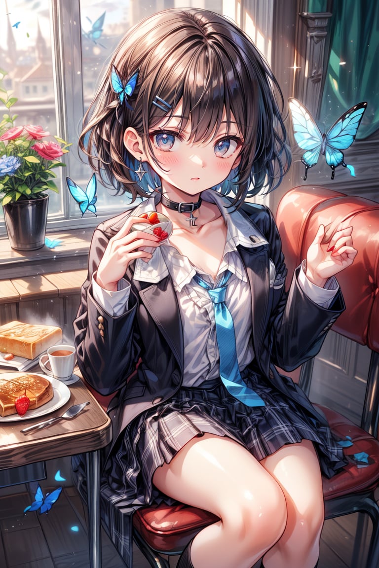 Masterpiece, highest quality, illustration, succubus princess, cute, cute, (portrait: 0.8), (close-up: 0.9), 1 girl, solo, looking at camera, blushing, smiling,
break,
(1 female, solo: 1.4),
break,
(Breakfast, a 17-year-old beautiful girl's dining table, a cute breakfast that looks good in her school uniform: 1.3), (surrounded by flowers), the background is breakfast in a person's living room,

,(closed shirt and thin chest),(boyish beauty is beautiful like a boy),
(Slightly pointed beautiful ears: 0.7),
(Short hair, beautiful shiny black hair, dark brown hair: 1.3), (Two-tone hair with light blue inside: 0.7)

Cross hairpin, (jewel-like blue eyes), blue butterfly hair ornament, beautiful eyes,
Lace choker, wide frills, cross (shiny blue), blue dyed hair, blue butterflies flying around.
,
cross hairpin,
blue eyes,
Magical eyes like blue jewels), blue butterfly hair ornaments, beautiful eyes,
lace choker, wide frill)
A cross (shiny blue) shines on the choker, the cross earrings glow blue and dye her hair, and blue butterflies fly around.
break,
, (blazer uniform, blue tie, beautiful legs in checkered pants), checkered blazer uniform and pure white shirt (closed shirt collar and boy's uniform tie), holy high school girl reminiscent of Sister Nun, beautiful legs, brown leather shoes,
(sensual pose),
break,
(Liar's blush:), (Devil's embarrassed face:), (evil smile), (opens mouth), (closes eyes),
break,

break,
(Vivid colors), (Realistic colors), (Transparent colors), (Shiny colors),Hair ornament