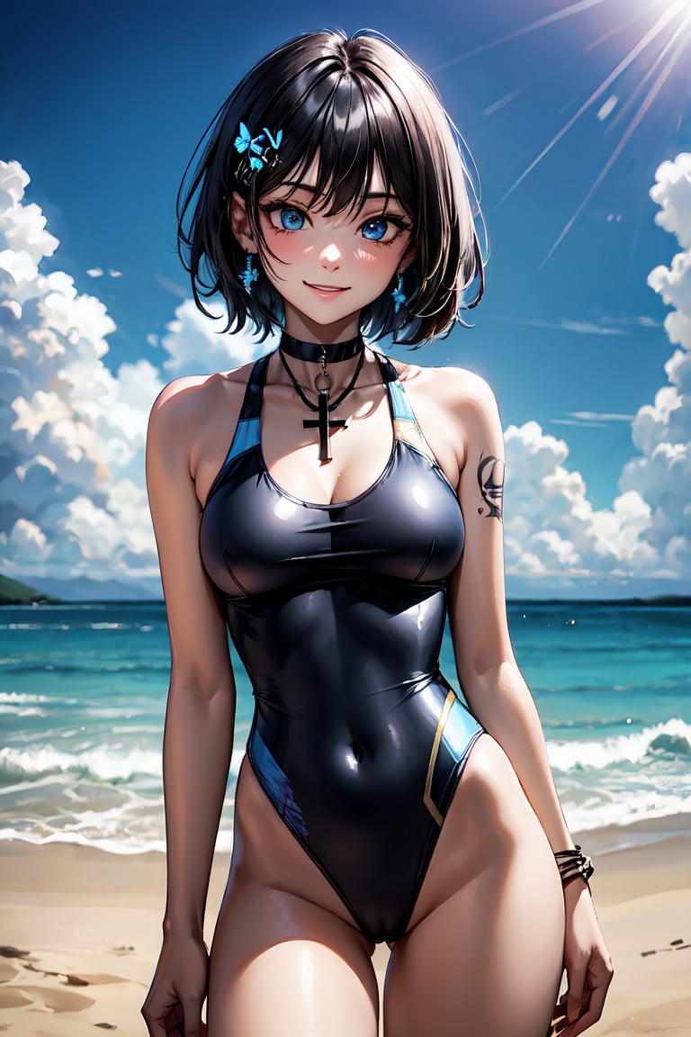 One girl, solo, long hair, breasts, looking at viewer, blushing, smiling, bangs, blue eyes, competitive swimsuit, thighs, outdoors, sky, daytime, clouds, water, stomach, blue sky, exposed arms, beach, X-shaped hair accessory, multiple girls, cleavage, voluptuous female body, jewelry, one-piece swimsuit, pattern on lower abdomen of high-cut swimsuit, (mark of demonic desire engraved on lower abdomen, 1.3 on upper abdomen red tattoo), (covered navel), (high leg), high leg mark, (competitive swimsuit),
Blake, boyish girl,
(very short hair, very short hair), boyish girl, crossdressing girl, active girl,
cute boy with feminine face, beautiful boy, Blake, (beautiful blue eyes), jewel-like blue eyes,
(shiny black hair), black hair, (inner hair color), blue at the back of the hair, two-tone hair,
Blake,
cross lace choker, cross necklace, cross earrings,
((short pointed ears, succubus demon ears: 1))
Blake, blue butterfly hair accessory, (cross hairpin), ((small pink hair accessory around the ears: 0.4)), succubus beautiful girl, sensual gestures