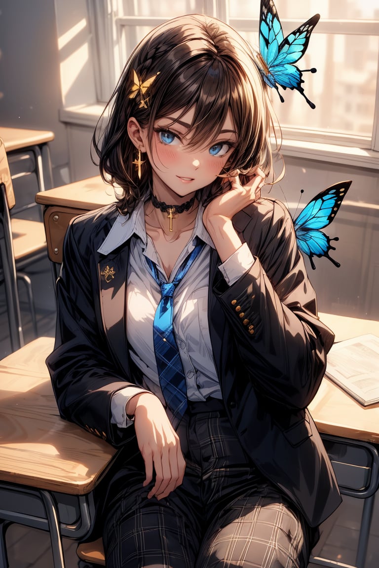 Masterpiece, highest quality, illustration, succubus princess, cute, cute, (portrait: 1), (close-up:1), 1 girl, solo, looking at viewer, blushing, smiling,


Her blue jewel-like eyes are so beautiful that you can almost be sucked into them.
Short hair, small braids (bangs are black and brown), hair between black and brown, holy cross hair ornament, shining blue cross hair ornament, blue cross clip, shiny inner hair (brown and blue) two-tone hair)

Accessories include gold and silver jewelry, x hair ornaments, and cross hair clips.
Butterfly earrings, butterfly & jewel choker (earrings & choker), (silk jet black lace choker), feminine black lace choker

Butterfly earrings, butterfly and jewel choker,
(Earrings and Chokers), A choker is a jet black lace choker accessory that resembles silk women's underwear or gold or silver jewelry.

short hair, bangs, blue eyes, brown hair, shirt, hair ornament, long sleeves, hair between the eyes, sitting, school uniform, jacket, white shirt, parted lips, tie, hair clip, collared shirt, pants, indoors, , medium hair, black jacket, plaid, window,
Plaid slacks, chair, black pants, blazer, hair ornament, blue tie, desk, school desk