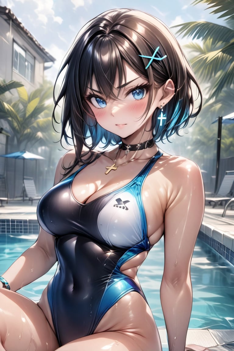 Soot//Quality, Masterpiece: 1.4, Details: 1.4, Best Quality: 1.4, //, 1 girl, Solo, //, Blue eyes, Detailed eyes, Shiny skin, //, Hair ornament, Adornment, (White swimsuit), Competitive swimsuit, Navel covered, Wet, Wet legs, //, Serious, Blushing, Looking down, Looking at viewer, Mouth closed, //, Legs crossed, Sitting by pool, //, Pool, From below, Competitive swimsuit, Colorful art, 1 girl in vibrant colors, Looking at viewer, Multiple girls, Hat, Cleavage, Voluptuous female body, Sensual gesture, Jewelry, One piece swimsuit, Pattern on lower abdomen of high-cut swimsuit, (Mark of demonic desire engraved on lower abdomen, 1.3 red tattoo on abdomen above), (covered navel), (high leg), high leg marking,, (competitive swimsuit),
Blake,
(boyish girl)
(very short hair, very short hair), boyish girl, crossdressing girl, active girl,
cute boy with feminine face, beautiful boy, Blake,
(beautiful blue eyes), jewel-like blue eyes,
(shiny black hair), black hair, (inner hair color), blue at the back of hair, two-tone hair,
Blake,
cross lace choker, cross necklace, cross earrings,
((short pointed ears, succubus demon ears: 1))
Blake, blue butterfly hair accessory, (cross hairpin), ((small pink hair accessory around ears: 0.4)), succubus beautiful girl, beautiful buttocks, beautiful swimsuit front