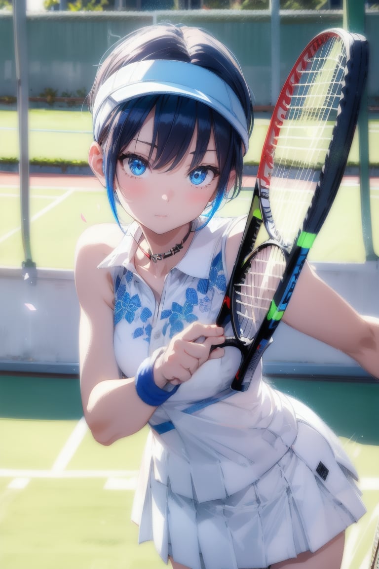 Paris Olympics, (((Tennis))), (white, red, blue), visor cap, white dress, short dress, sleeveless, wristband, tennis uniform, (tricolor lines), tennis racket and ball, beautiful anime woman, single girl, Blake ((short pointed ears, succubus demon ears: 0.7)), shiny black hair, ((very short hair)), boyish girl, cross lace choker, cross necklace, cross earrings, blue butterfly hair accessory, Blake, vibrant colors, sharp focus, best quality, depth of field, cinematic lighting, (illustration, 8k CG, very detailed), ultra detailed, high resolution, firefly, perfect light, stylish pose, 8k, very clear, best quality, high resolution. Top quality, illustration, saxe blue, 1 girl, cute, (dynamic lighting: 1.2), cinematic lighting, delicate features, detailed eyes, sharp pupils, realistic pupils, depth of field, bokeh, sharp focus, (ultra detail, bloom, glow: 1.4), lots of little gems