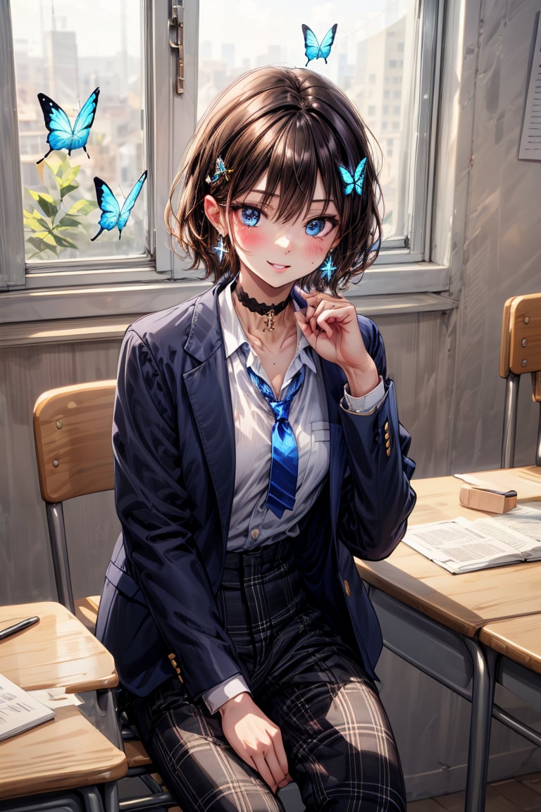 Masterpiece, highest quality, illustration, succubus princess, cute, cute, (portrait: 1), (close-up:1), 1 girl, solo, looking at viewer, blushing, smiling,


Her blue jewel-like eyes are so beautiful that you can almost be sucked into them.
Short hair, small braids (bangs are black and brown), hair between black and brown, holy cross hair ornament, shining blue cross hair ornament, blue cross clip, shiny inner hair (brown and blue) two-tone hair)

Accessories include gold and silver jewelry, x hair ornaments, and cross hair clips.
Butterfly earrings, butterfly & jewel choker (earrings & choker), (silk jet black lace choker), feminine black lace choker

Butterfly earrings, butterfly and jewel choker,
(Earrings and Chokers), A choker is a jet black lace choker accessory that resembles silk women's underwear or gold or silver jewelry.

short hair, bangs, blue eyes, brown hair, shirt, hair ornament, long sleeves, hair between the eyes, sitting, school uniform, jacket, white shirt, parted lips, tie, hair clip, collared shirt, pants, indoors, , medium hair, black jacket, plaid, window,
Plaid slacks, chair, black pants, blazer, hair ornament, blue tie, desk, school desk