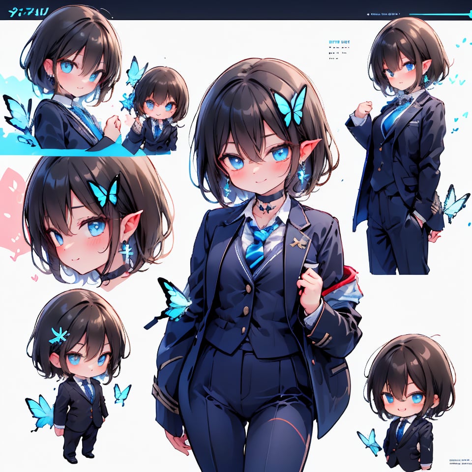 Highest quality (Chibi character character reference sheet: 1.2), (2-headed character: 1.1) (4 views: 1.1), (Mini character 4 panels: 0.9), (Chibi character facial expression variations: 1.1), (Chibi character 4 types: 1), White background


（Background, panorama of a winding journey through forests and hills, arriving at a plateau like a hidden jewel that unfolds like a secret world above the clouds.)
Her blue jewel-like eyes are so beautiful they draw you in.
Large breasts, 
(beautiful pointed ears hidden by hair: 0.9),

(1 female, solo), smile, short hair, bangs, jewel blue eyes, hair ornament, long sleeves, hair between the eyes, school uniform, jacket, white shirt, (light brown black hair) cross earrings blue or shiny , open clothes, lace choker with cross, stripes, collared shirt, pants, (dark blue uniform with open jacket), dress shirt, checked pants, slightly shiny hair waves, uniform blazer, fluttering butterfly, blue tie, cross Hairpin, butterfly hair ornament, hidden shirt, striped blue tie, blue butterfly, (plaid uniform pants), (night), background Dining room at night,
break,
(Cute sitting model pose), (hand between legs: 1.2), (leaning forward: 1), (cowboy shot: 1.4), (from the front), (from diagonally in front: 1.3), staring) Observer: 1.4), (upward gaze: 1.2),
break,
(Underwear: 1.3), (Black stockings: 1.2), High heels,
break,
(Standing: 1.3), dynamic pose,
break,
(blush: 1.2), (smile: 1.3),
break,
(Whole body: 0.4), (From the side: 1.2), (Profile: 0.6), (From the front: 1.4),
break,
(Closet room with lots of clothes: 1.4),
break,
dynamic angle,

(Pale and vivid colors: 0.6), (Real: 0.6), (Ultra wide-angle shooting: 0.6), (White background: 0.6),virgin destroyer sweater