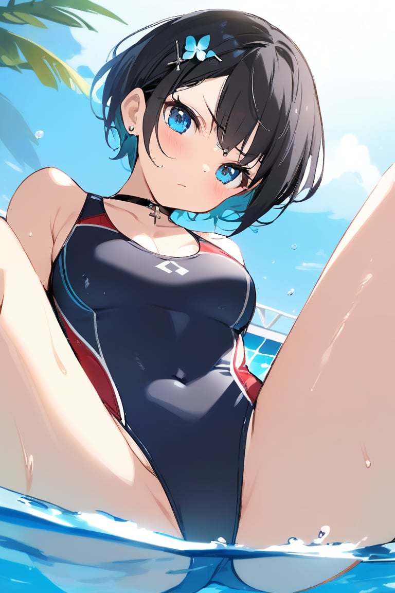 Soot//Quality, Masterpiece: 1.4, Details: 1.4, Best Quality: 1.4, //, 1 girl, Solo, //, Blue eyes, Detailed eyes, Shiny skin, //, Hair ornament, Adornment, (White swimsuit), Competitive swimsuit, Navel covered, Wet, Wet legs, //, Serious, Blushing, Looking down, Looking at viewer, Mouth closed, //, Legs crossed, Sitting by pool, //, Pool, From below, Competitive swimsuit, Colorful art, 1 girl in vibrant colors, Looking at viewer, Multiple girls, Hat, Cleavage, Voluptuous female body, Sensual gesture, Jewelry, One piece swimsuit, Pattern on lower abdomen of high-cut swimsuit, (Mark of demonic desire engraved on lower abdomen, 1.3 red tattoo on abdomen above), (covered navel), (high leg), high leg marking,, (competitive swimsuit),
Blake,
(boyish girl)
(very short hair, very short hair), boyish girl, crossdressing girl, active girl,
cute boy with feminine face, beautiful boy, Blake,
(beautiful blue eyes), jewel-like blue eyes,
(shiny black hair), black hair, (inner hair color), blue at the back of hair, two-tone hair,
Blake,
cross lace choker, cross necklace, cross earrings,
((short pointed ears, succubus demon ears: 1))
Blake, blue butterfly hair accessory, (cross hairpin), ((small pink hair accessory around ears: 0.4)), succubus beautiful girl, beautiful buttocks, beautiful swimsuit front