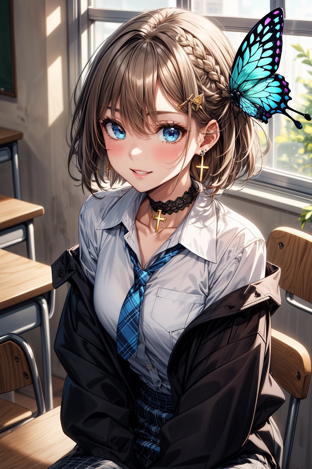 Masterpiece, highest quality, illustration, succubus princess, cute, cute, (portrait: 1.2), (close-up), 1 girl, solo, looking at viewer, blushing, smiling,

Her blue jewel-like eyes are so beautiful that you can almost be sucked into them.
Short hair, small braids (bangs are black and brown), hair between black and brown, holy cross hair ornament, shining blue cross hair ornament, blue cross clip, shiny inner hair (brown and blue) two-tone hair)

Accessories include gold and silver jewelry, x hair ornaments, and cross hair clips.
Butterfly earrings, butterfly & jewel choker (earrings & choker), (silk jet black lace choker), feminine black lace choker

Butterfly earrings, butterfly and jewel choker,
(Earrings and Chokers), A choker is a jet black lace choker accessory that resembles silk women's underwear or gold or silver jewelry.

short hair, bangs, blue eyes, brown hair, shirt, hair ornament, long sleeves, hair between the eyes, sitting, school uniform, jacket, white shirt, parted lips, tie, hair clip, collared shirt, pants, indoors, , medium hair, black jacket, plaid, window,
Plaid slacks, chair, black pants, blazer, hair ornament, blue tie, desk, school desk