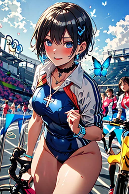 (masterpiece, best quality), high resolution, artistic composition,
cute, pretty, (cycling in triathlon swimsuit),Close-up shot of a bright-eyed anime girl. (olympic track),Pedalling in her swimsuit with determination. The soft sunlight shines on her face, casting a warm glow on her sweaty skin. In the background, a blurry mix of excited ((spectators)) and sparkling track equipment. Capture the joyous energy and focus on her face as she gives it her all. Blake, (((Bright and modern sportswear with the official Olympic colors and logo))), Innocent and determined Olympic,
((Very short hair)) Boyish, (Beautiful girl with short dark hair), Boyish beauty, (Very short hair, Very short hair), Boyish girl, Well-dressed woman, Active girl, (Blue butterflies and pink petals fluttering in the background), (Light blue inside of hair), Beautiful plump legs, Confident and sexy expression, (Wide frilly lace choker 1.3), Shiny cross on choker (Amazingly beautiful shiny pointed ears hidden in hair: 0.9), Demon ears slightly visible during transformation, Succubus ears slightly visible through hair, (Beautiful blue eyes), Jewelry like these blue eyes, (Shiny black hair), Black hair, (Hair with color on the inside), Blue hair in the back, Two-tone hair, Cross lace choker, Cross necklace, Cross earrings, Blue butterfly hair accessory, (Cross hairpin), (Small pink hair accessory on ear: 0.4), Attractive succubus,