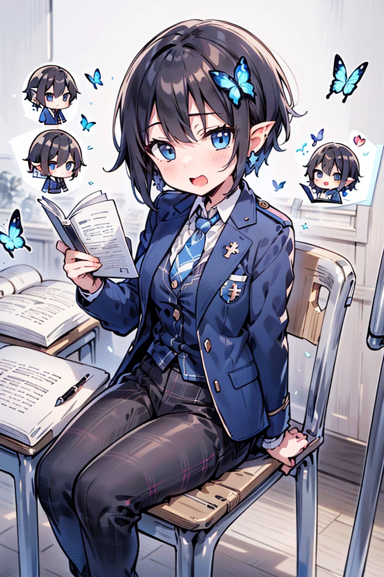 (Cute two-headed character, chibi character, moving chibi character, full body chibi character),BREAK 1 girl, (solo), (16 years old),
(very short hair, boyish beautiful girl: 1.2), ((short hair in the back, long hair in the front)),
Blake,
(girl focus, female breasts), (blue eyes, beautiful like jewels), embarrassed expression, BREAK,
Studying inside a school library or studying in a classroom, (illustrations in an open notebook, old illustrations of female demons in illustrations in a book: 1.3), ((pencil drawing of a succubus in an ancient document, old ancient document)),
BREAK, dark blue blazer uniform, white collared shirt, long sleeves, (blue tie), (checkered blazer pants, plaid pants), dark jacket, peeking, BREAK viewer, (focus on face), sitting in a chair to study, concentrating, tilting head, (cute gestures: 1.2), ((blue cross earrings, blue inside of hair)), blue butterfly hair ornament on head