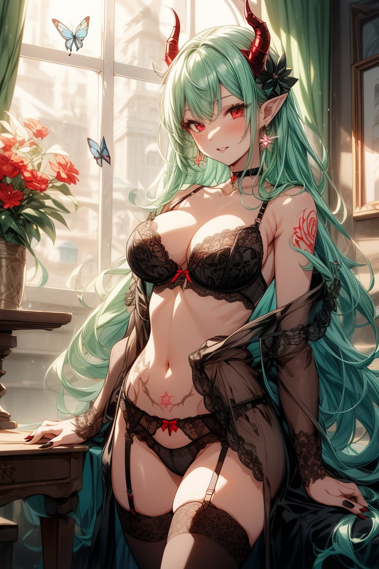 masterpiece,  best quality,  2020anime,  Succubus queen,  (portrait:0.7),  (close-up:0.7)、

(Negligee, beautiful lace negligee, underwear can be seen through the elegant negligee with see-through decoration)、
1girl, solo, long hair, breasts, looking at viewer, blush, smile, bangs, large breasts, shirt, red eyes, thighhighs, navel, cleavage, bare shoulders, jewelry, underwear, collarbone, panties, white shirt, flower, thighs, cowboy shot, earrings, parted lips, green hair, open clothes, horns, choker, pointy ears, black thighhighs, indoors, off shoulder, stomach, nail polish, bra, mole, black panties, window, open shirt, tattoo, skindentation, garter straps, black choker, demon girl, lingerie, bug, plant, demon horns, red flower, black bra, butterfly, side-tie panties, lace trim, red nails, garter belt, yellow flower, potted plant, string panties, lace-trimmed bra, pubic tattoo, book stack, vase,1 girl