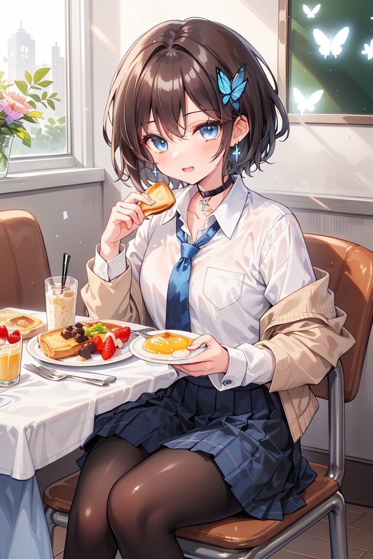 Top quality (Beautiful Landing Official Game Character Reference Sheet: 1), Description, (Facial expression variation: 1), (Clothing, Chibi character illustration: 1.1), 2-head character

break,
(1 female, solo: 1.4),
break,
(Breakfast, a 17-year-old beautiful girl's dining table, a cute breakfast that looks good in her school uniform: 1.3), (surrounded by flowers), the background is breakfast in a person's living room,

,(closed shirt and thin chest),(boyish beauty is beautiful like a boy),
(Slightly pointed beautiful ears: 0.7),
(Short hair, beautiful shiny black hair, dark brown hair: 1.3), (Two-tone hair with light blue inside: 0.7)

Cross hairpin, (jewel-like blue eyes), blue butterfly hair ornament, beautiful eyes,
Lace choker, wide frills, cross (shiny blue), blue dyed hair, blue butterflies flying around.
,
cross hairpin,
blue eyes,
Magical eyes like blue jewels), blue butterfly hair ornaments, beautiful eyes,
lace choker, wide frill)
A cross (shiny blue) shines on the choker, the cross earrings glow blue and dye her hair, and blue butterflies fly around.
break,
, (blazer uniform, blue tie, beautiful legs in checkered pants), checkered blazer uniform and pure white shirt (closed shirt collar and boy's uniform tie), holy high school girl reminiscent of Sister Nun, beautiful legs, brown leather shoes,
(sensual pose),
break,
(Liar's blush:), (Devil's embarrassed face:), (evil smile), (opens mouth), (closes eyes),
break,

break,
(Vivid colors), (Realistic colors), (Transparent colors), (Shiny colors),