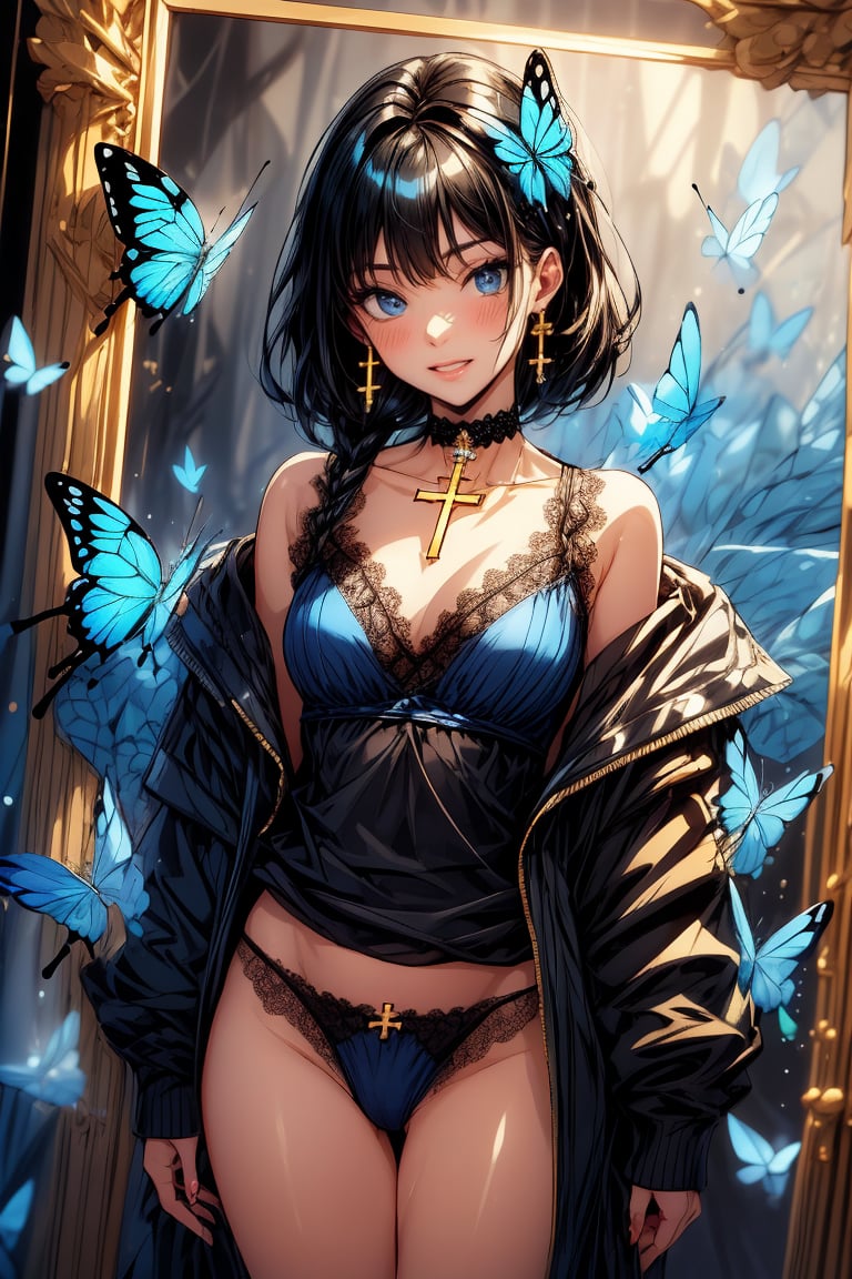 Masterpiece, highest quality, illustration, succubus princess, cute, cute, (portrait:0.3), (close-up:0.3), 1 girl, solo, looking at viewer, blushing, succubus smiling,


Her blue jewel-like eyes are so beautiful that you can almost be sucked into them.
Short hair, small braids (bangs are black and brown), hair between black and brown, holy cross hair ornament, shining blue cross hair ornament, blue cross clip, shiny inner hair (brown and blue) two-tone hair)

Accessories include gold and silver jewelry, x hair ornaments, and cross hair clips.
Butterfly earrings, butterfly & jewel choker (earrings & choker), (silk jet black lace choker), feminine black lace choker

Butterfly earrings, butterfly and jewel choker,
(Earrings and Chokers), A choker is a jet black lace choker accessory that resembles silk women's underwear or gold or silver jewelry.

