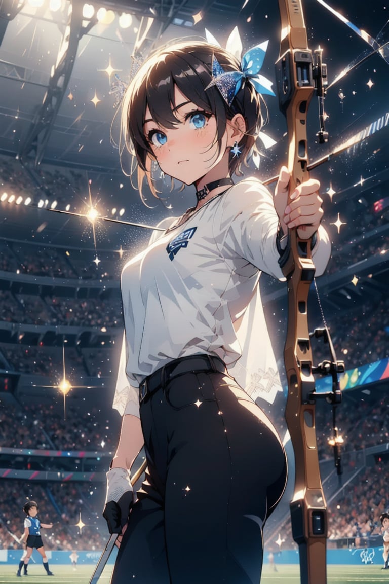 Paris Olympics, (((Archery))), Olympic archery competition, anime-style beauty, 1 person, ((Short pointy ears, succubus demon ears: 0.7)), boyish girl,
(shiny black hair, very short hair), boyish girl, lively girl, , cross lace choker, cross necklace, cross earrings, Blake,
Archery, arrow (projectile), blue pants, bow, (weapon), chest guard, long sleeves, playing sports, single glove, solo, stadium, visor cap, ((bowstring)), holding a bow, (weapon), holding an arrow, taking aim, fingerless gloves, athlete's uniform, target within range, Olympic venue, ((Olympic stadium, crowd in distant stands, stadium, Olympic venue)),
Blake, , vibrant colors, sharp focus, best quality, depth of field, cinematic perfect lighting, (illustration, 8k CG,Very detailed),Ultra detailed,High resolution,Fireflies,Perfect light,8k,Very clear,Best quality,High resolution.Best quality,Illustration,Saxe blue,Single woman,Cute,(Dynamic lighting: 1.2),Cinematic lighting,Delicate facial features,Detailed eyes,Sharp pupils,Realistic pupils,Depth of field,Bokeh,Sharp focus,(Ultra detailed,Bloom,Sparkle: 1.4),Lots of little gems,Intermission,Cheering,Official scorer,Spectators in distant stands,Stadium,Olympic venue,