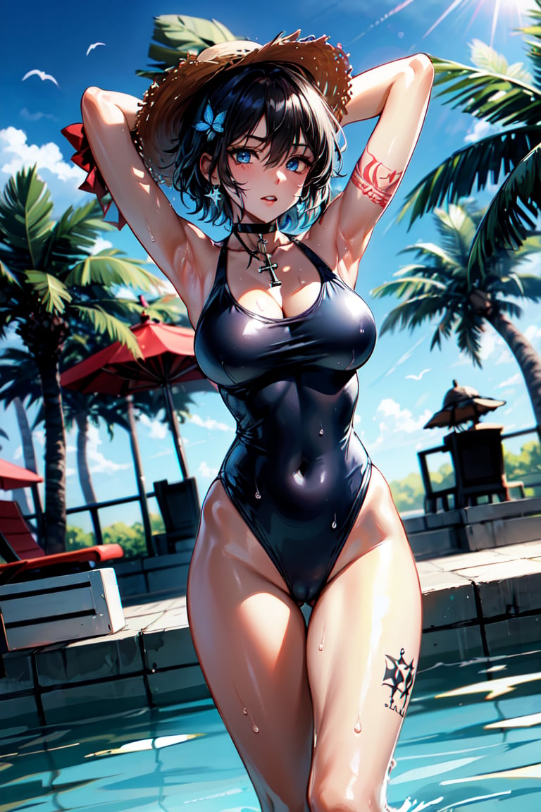 one girl, long hair, breasts, looking at viewer, multiple girls, hat, cleavage, voluptuous female figure, sensual gesture, jewelry, large breasts, standing, collarbone, swimsuit, outdoors, open lips, sky, solo focus, daytime, armpits, water, blurry, arms up, bracelet, tree, blue sky, lips, wet, one piece swimsuit, (imprint on lower abdomen, devil's lust mark, red tattoo on stomach), (covered navel), depth of field, blurry background, umbrella, (high leg), wading, inner tube, sun hat, (competitive swimsuit), palm tree, (straw hat), (black one piece swimsuit), (high leg swimsuit), (pool ),
Blake,
((Boyish beautiful girl))
,(Very short hair, extra short hair),Masculine girl, Cross-dressing beautiful girl, Active beautiful girl,
Cute boy with feminine face, Beautiful boy,
Blake,(Beautiful blue eyes),Jewel-like blue eyes,
(Glossy black hair),Black hair,(Colored inner hair),Blue hair on the back,Two-tone hair,
Blake,
Cross lace choker, Cross necklace, Cross earrings,
(Short pointed ears, Succubus devil ears: 0.5)
Blake,Blue butterfly hair accessory,(Cross hairpin),(Small pink hair accessory around the ears: 0.4),