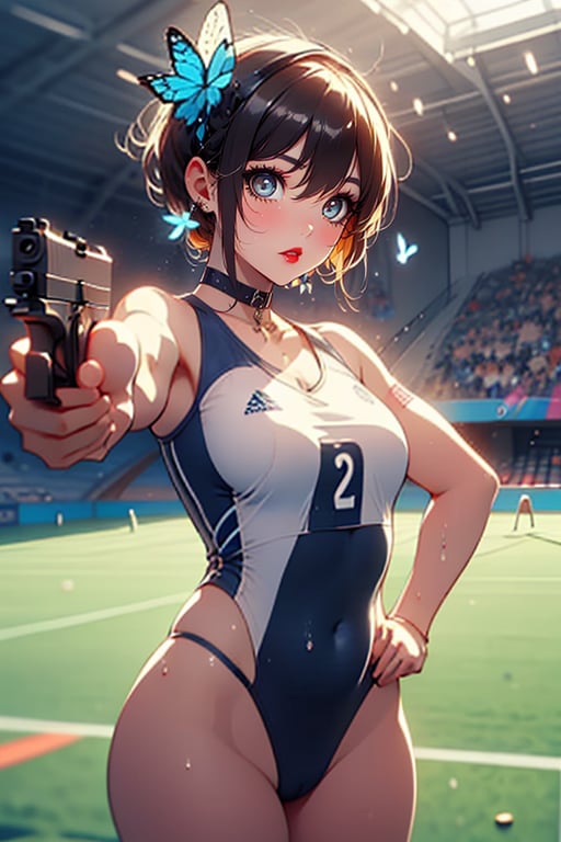 3/4 view from the front, one arm extended holding one pistol, other hand on hip), ((pistol)), ((shooting range)), (holding an air pistol), outstretched arms, ((aiming at the viewer and target)), Olympic shooting venue, shadow, standing, (wet), tight clothing, Olympic stadium, stage, boyish girl,
Blake, ((lower abdomen mark, red glowing mark, belly tattoo, pubic hair tattoo)), open mouth, anime beauty, (very short hair, very short hair), boyish looking girl, active girl,, cross lace choker, cross necklace, cross earrings, ((short pointed ears, succubus demon ears: 0.7)), resting, blue butterfly hair accessory,
Blake,
vibrant colors, sharp focus, best quality, depth of field, cinematic lighting, (illustration, 8k CG,Very detailed),Ultra detailed,High resolution,Fireflies,Perfect light,8k,Very clear,Best quality,High resolution. Best quality,Illustration,Saxe blue,1 girl,Cute,(Dynamic lighting:1.2),Cinematic lighting,Delicate facial features,Detailed eyes,Sharp pupils,Realistic pupils,Depth of field,Bokeh,Sharp focus,(Ultra detailed,Bloom,Glow:1.4),Lots of little gems,Cheering,Official scorer,Crowd in distant stands,Stadium,Olympic venue,Sports shorts,Athlete's uniform