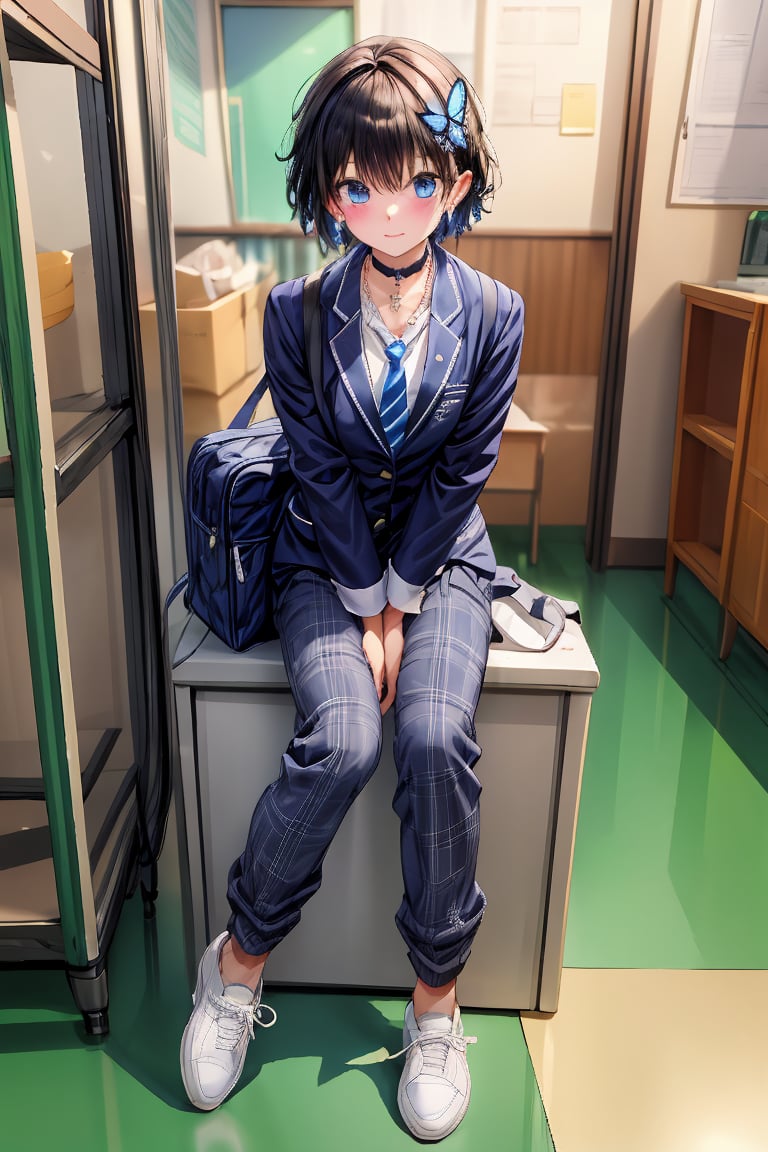 (masterpiece, best quality), high resolution, artistic composition, cute, pretty, ((solo, one girl)), (boyish girl), (very short hair, very short hair), boyish girl, crossdressing girl, lively girl, Blake, (full body), (wearing sneakers), socks, (beautiful blue eyes), jewel-like blue eyes, (shiny black hair), black hair, (hair with color inside), blue hair in the back, two-tone hair, Blake, (school bag), carrier bag, cross lace choker, cross necklace, cross earrings, (short pointed ears, succubus demon ears: 0.5 ) Blake, blue butterfly hair accessory, (cross hairpin), (small pink hair accessory above the ears: 0.4), Blake, dark blue blazer uniform, dark blue high school uniform, light plaid pants, (checked slacks), (checked uniform pants), (blue tie), white dress shirt, collarbone, chest, uniform, (Succubus, Voluptuous Feminine Beauty: 0.4) Blake, (training shoes), boyish sneakers, high school shoes, black no shoes, socks, Blake, checkered pants, stripes, check, blue slacks, navy blue pants, high school blazer, (hands between legs), blue tie, striped tie,, hair accessory, blue butterfly, pink ribbon hair accessory