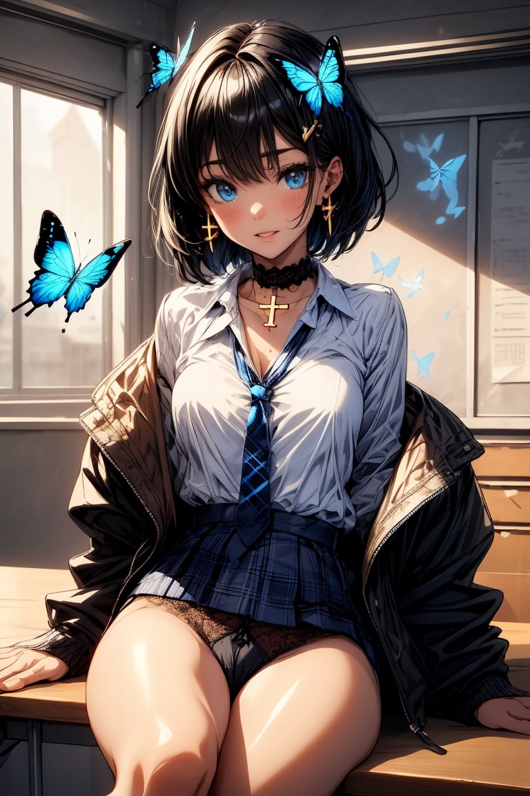 Masterpiece, highest quality, illustration, succubus princess, cute, cute, (portrait:0.7), (close-up:0.7), 1 girl, solo, looking at viewer, blushing, succubus smiling,


Her blue jewel-like eyes are so beautiful that you can almost be sucked into them.
Short hair, small braids (bangs are black and brown), hair between black and brown, holy cross hair ornament, shining blue cross hair ornament, blue cross clip, shiny inner hair (brown and blue) two-tone hair)

Accessories include gold and silver jewelry, x hair ornaments, and cross hair clips.
Butterfly earrings, butterfly & jewel choker (earrings & choker), (silk jet black lace choker), feminine black lace choker

Butterfly earrings, butterfly and jewel choker,
(Earrings and Chokers), A choker is a jet black lace choker accessory that resembles silk women's underwear or gold or silver jewelry.

short hair, bangs, blue eyes, brown hair, shirt, hair ornament, long sleeves, hair between the eyes, sitting, school uniform, jacket, white shirt, parted lips, tie, hair clip, collared shirt, pants, indoors, , medium hair, black jacket, plaid, Changing clothes, changing clothes, gym class, taking off, taking off clothes, (sensual pose)