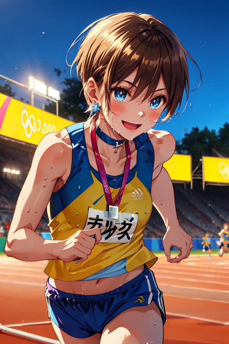 Paris Olympics, (((Athletics))), (Finish line), ((Running)), (Smiling), Mouth open, Anime-style beautiful woman, One girl, (Boyish girl), (Very short hair, Very short hair), Girl looking like a boy, Girl dressed as a boy, Active girl, Wearing blue sportswear and shorts with three color stripes, Dynamic pose, (((Many beautiful girls running in the background))), Athletics, Olympic stadium, ((Outdoor track)), Cross lace choker, Cross necklace, Cross earrings, (Short pointed ears, Succubus demon ears: 0.5), Break, Blue butterfly hair accessory,
Break,
(Wet), Tight clothing, ((Front view, Upper body, Leaning forward, Crouch start))), Olympics, Outdoor track, Vibrant colors, Sharp focus, Best quality, Depth of field, Cinematic lighting, (Illustration, 8k CG,Very detailed),Ultra detailed,High resolution,Fireflies,Perfect light,8k,Very clear,Best quality,High resolution.Best quality,Illustration,Saxe blue,1 girl,Cute,(Dynamic lighting: 1.2),Cinematic lighting,Delicate facial features,Narrow eyes,Sharp pupils,Realistic pupils,Depth of field,Bokeh,Sharp focus,(Ultra detailed,Bloom,Shimmer: 1.4),Lots of little gems,Girl,