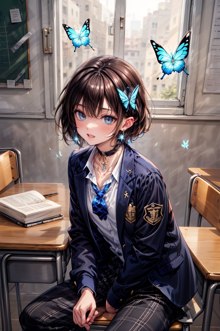 Masterpiece, highest quality, illustration, succubus princess, cute, cute, (portrait: 1), (close-up:1), 1 girl, solo, looking at viewer, blushing, smiling,


Her blue jewel-like eyes are so beautiful that you can almost be sucked into them.
Short hair, small braids (bangs are black and brown), hair between black and brown, holy cross hair ornament, shining blue cross hair ornament, blue cross clip, shiny inner hair (brown and blue) two-tone hair)

Accessories include gold and silver jewelry, x hair ornaments, and cross hair clips.
Butterfly earrings, butterfly & jewel choker (earrings & choker), (silk jet black lace choker), feminine black lace choker

Butterfly earrings, butterfly and jewel choker,
(Earrings and Chokers), A choker is a jet black lace choker accessory that resembles silk women's underwear or gold or silver jewelry.

short hair, bangs, blue eyes, brown hair, shirt, hair ornament, long sleeves, hair between the eyes, sitting, school uniform, jacket, white shirt, parted lips, tie, hair clip, collared shirt, pants, indoors, , medium hair, black jacket, plaid, window,
Plaid slacks, chair, black pants, blazer, hair ornament, blue tie, desk, school desk