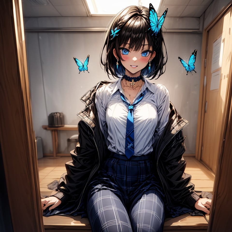 Masterpiece, highest quality, illustration, succubus princess, cute, cute, (portrait:0.7), (close-up:0.7), 1 girl, solo, looking at viewer, blushing, succubus smiling,


Her blue jewel-like eyes are so beautiful that you can almost be sucked into them.
Short hair, small braids (bangs are black and brown), hair between black and brown, holy cross hair ornament, shining blue cross hair ornament, blue cross clip, shiny inner hair (brown and blue) two-tone hair)

Accessories include gold and silver jewelry, x hair ornaments, and cross hair clips.
Butterfly earrings, butterfly & jewel choker (earrings & choker), (silk jet black lace choker), feminine black lace choker

Butterfly earrings, butterfly and jewel choker,
(Earrings and Chokers), A choker is a jet black lace choker accessory that resembles silk women's underwear or gold or silver jewelry.

short hair, bangs, blue eyes, brown hair, shirt, hair ornament, long sleeves, hair between the eyes, sitting, school uniform, jacket, white shirt, parted lips, tie, hair clip, collared shirt, pants, indoors, , medium hair, black jacket, plaid, Changing clothes, changing clothes, gym class, taking off, taking off clothes, (sensual pose)