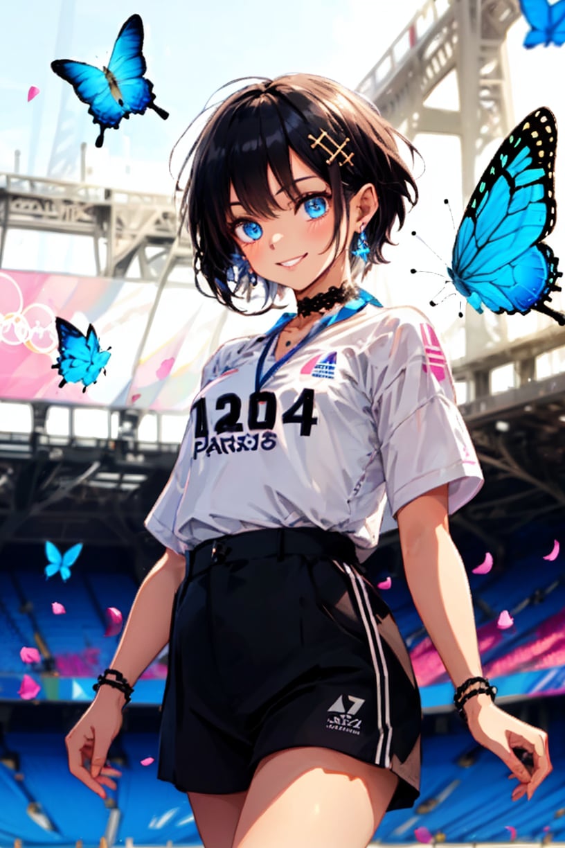 Masterpiece, Top Quality, Aesthetic, Score 9 Up, Score 8 Up, Score 7 Up, Score 6 Up, 1 Girl, Top Quality Image, A little smiling girl in a white T-shirt (((with the text "PARIS 2024"))) and black sports shorts is standing smiling holding the Olympic torch in a crowded sports stadium. ,Flat style,Text,
Blake,
((Very short hair)) Boyish,(Beautiful girl with short black hair),Boyish beauty,(Very short hair,Very short hair),Boyish girl,Well-dressed woman,Active girl,
(Blue butterflies and pink petals fluttering in the background),(Light blue inside the hair),Plump beautiful legs,Confident and sexy expression,,(Wide frilly lace choker 1.3),Shiny cross-on choker (Shiny and amazingly beautiful pointed ears hidden in the hair: 0.9),Demon ears slightly visible during transformation,Succubus ears slightly visible through the gaps in the hair,(Beautiful blue eyes),Jewel-like blue eyes,(Shiny black hair),Black hair,(Hair with color inside),Blue hair at the back,Two-tone hair,Cross lace choker,Cross necklace,Cross earrings,Blue butterfly hair accessory,(Cross hairpin),(Small pink hair accessory on the ear: 0.4),Charming succubus,