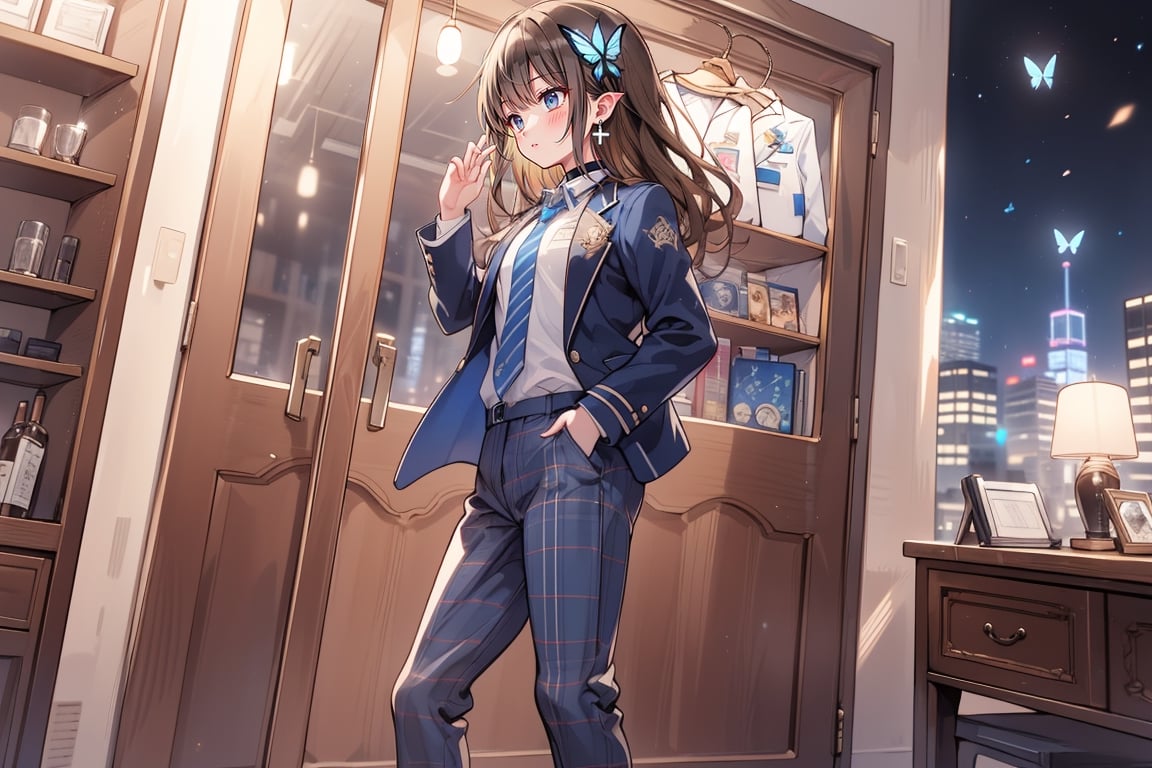 Masterpiece, Best Quality, 2020 Anime, Succubus Queen, (Portrait: 0.7), (Close-up: 0.7),
(1 girl, solo)
Jewel blue eyes, hair ornament, school uniform, jacket, white shirt, (light brown black hair) cross earrings, blue or shiny, lace choker with cross, collared shirt, pants, (open jacket on dark blue uniform), dress shirt , checked pants, slightly shiny hair waves, uniform blazer, butterfly, blue tie, cross hairpin, butterfly hair ornament, hidden shirt, striped blue tie, blue butterfly, (plaid uniform pants), (night) , Background Dining room at night, outdoors, downtown, late night downtown

(Underwear: 1), (Black stockings: 1), High heels,
break,
(Standing: 1), dynamic pose,
break,
(blush: 1), (smile: 1),
break,
(Whole body: 0.4), (From the side: 1), (Profile: 0.6), (From the front: 1),

break,
(Closet room with lots of clothes: 1),
break,
dynamic angle,
break,
(Pale and vivid colors: 0.6), (Real: 0.6), (Ultra wide-angle shooting: 0.6), (White background: 0.6)