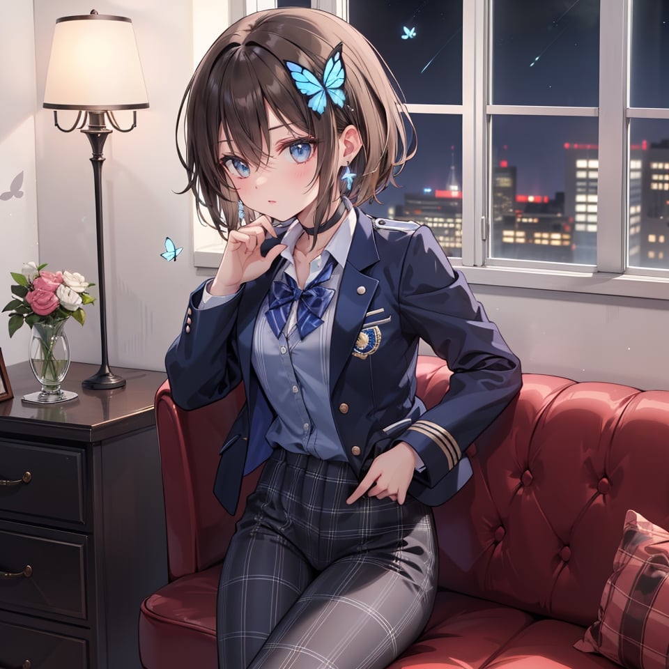 Masterpiece, Best Quality, 2020 Anime, Succubus Queen, 
(1 female, solo), smile, short hair, bangs, jewel blue eyes, hair ornament, long sleeves, hair between the eyes, school uniform, jacket, white shirt, (light brown black hair) cross earrings blue or shiny , open clothes, lace choker with cross, stripes, collared shirt, pants, (dark blue uniform with open jacket), dress shirt, checked pants, slightly shiny hair waves, uniform blazer, fluttering butterfly, blue tie, cross Hairpin, butterfly hair ornament, hidden shirt, striped blue tie, blue butterfly, (plaid uniform pants), (night), background Dining room at night,
break,
(Cute sitting model pose), (hand between legs: 1.2), (leaning forward: 1), (cowboy shot: 1.4), (from the front), (from diagonally in front: 1.3), staring) Observer: 1.4), (upward gaze: 1.2),
break,
(Underwear: 1.3), (Black stockings: 1.2), High heels,
break,
(Standing: 1.3), dynamic pose,
break,
(blush: 1.2), (smile: 1.3),
break,
(Whole body: 0.4), (From the side: 1.2), (Profile: 0.6), (From the front: 1.4),
break,
(Closet room with lots of clothes: 1.4),
break,
dynamic angle,
break,
(Pale and vivid colors: 0.6), (Real: 0.6), (Ultra wide-angle shooting: 0.6), (White background: 0.6),virgin destroyer sweater