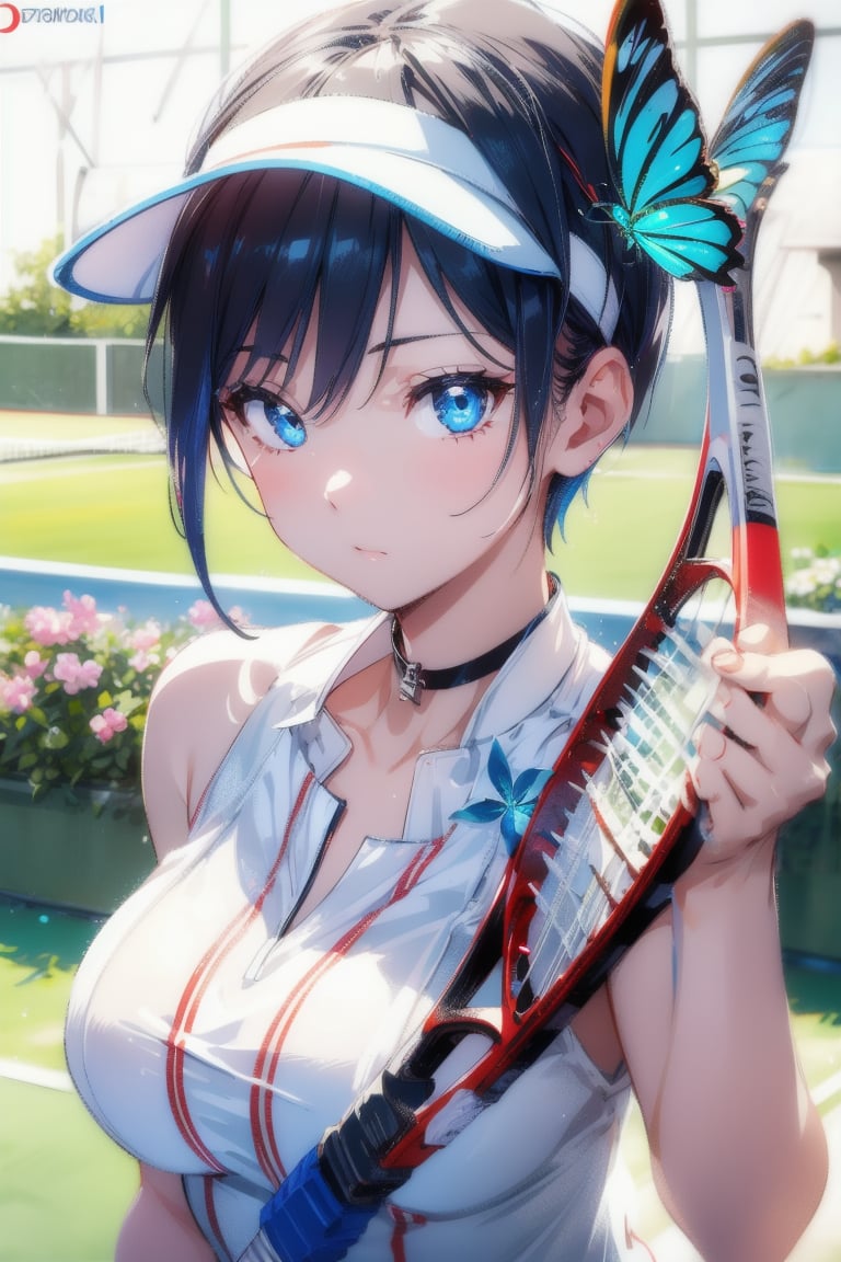 Paris Olympics, (((Tennis))), (white, red, blue), visor cap, white dress, short dress, sleeveless, wristband, tennis uniform, (tricolor lines), tennis racket and ball, beautiful anime woman, single girl, Blake ((short pointed ears, succubus demon ears: 0.7)), shiny black hair, ((very short hair)), boyish girl, cross lace choker, cross necklace, cross earrings, blue butterfly hair accessory, Blake, vibrant colors, sharp focus, best quality, depth of field, cinematic lighting, (illustration, 8k CG, very detailed), ultra detailed, high resolution, firefly, perfect light, stylish pose, 8k, very clear, best quality, high resolution. Top quality, illustration, saxe blue, 1 girl, cute, (dynamic lighting: 1.2), cinematic lighting, delicate features, detailed eyes, sharp pupils, realistic pupils, depth of field, bokeh, sharp focus, (ultra detail, bloom, glow: 1.4), lots of little gems